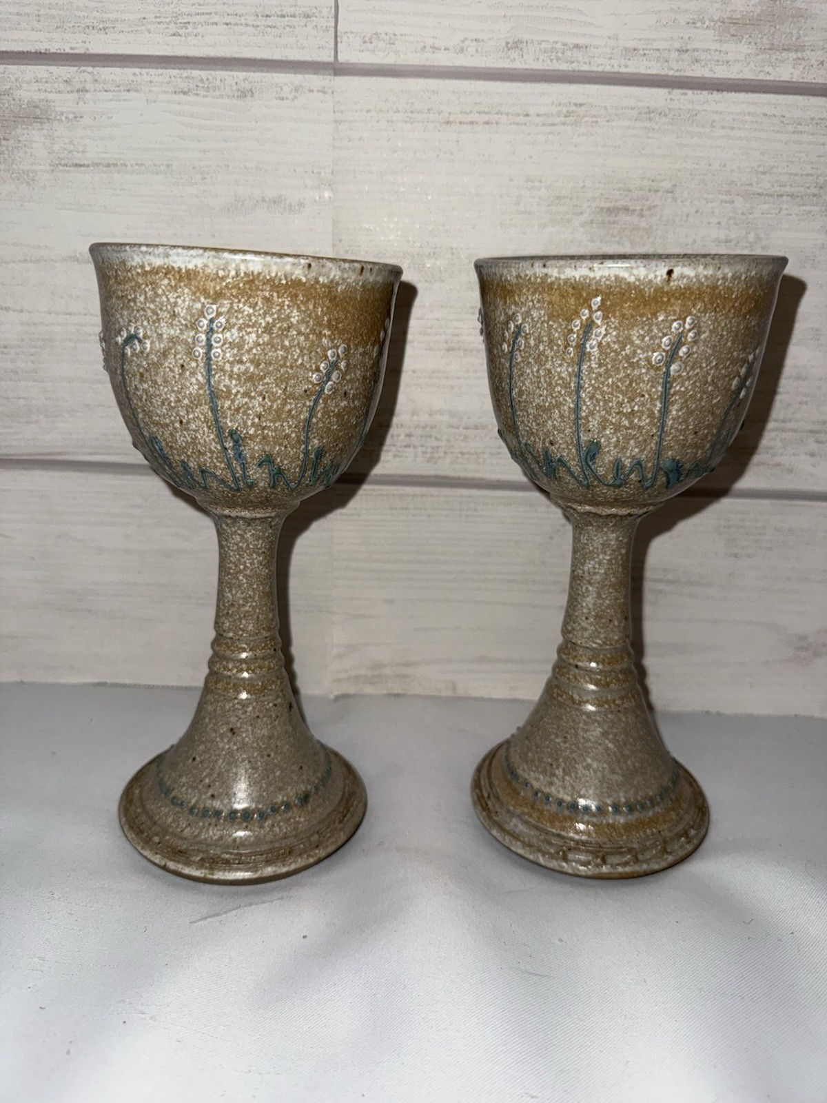 Vintage Studio Pottery Stoneware Goblets Set of 2 Speckled Tan Floral Chalices Vintage Studio Pottery Stoneware Goblets Set of 2 Speckled Tan Floral Chalices
