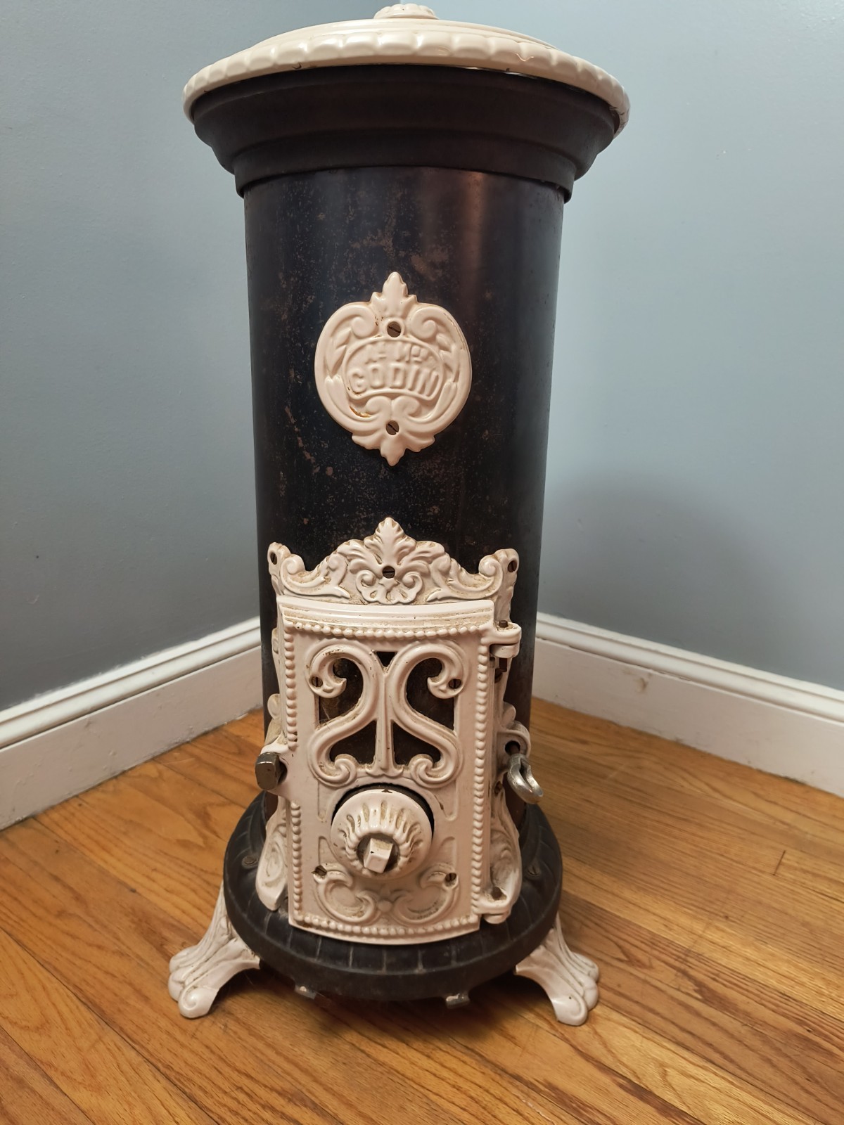 Antique Godin French Enamel Cast Iron Coal Or Wood Stove 