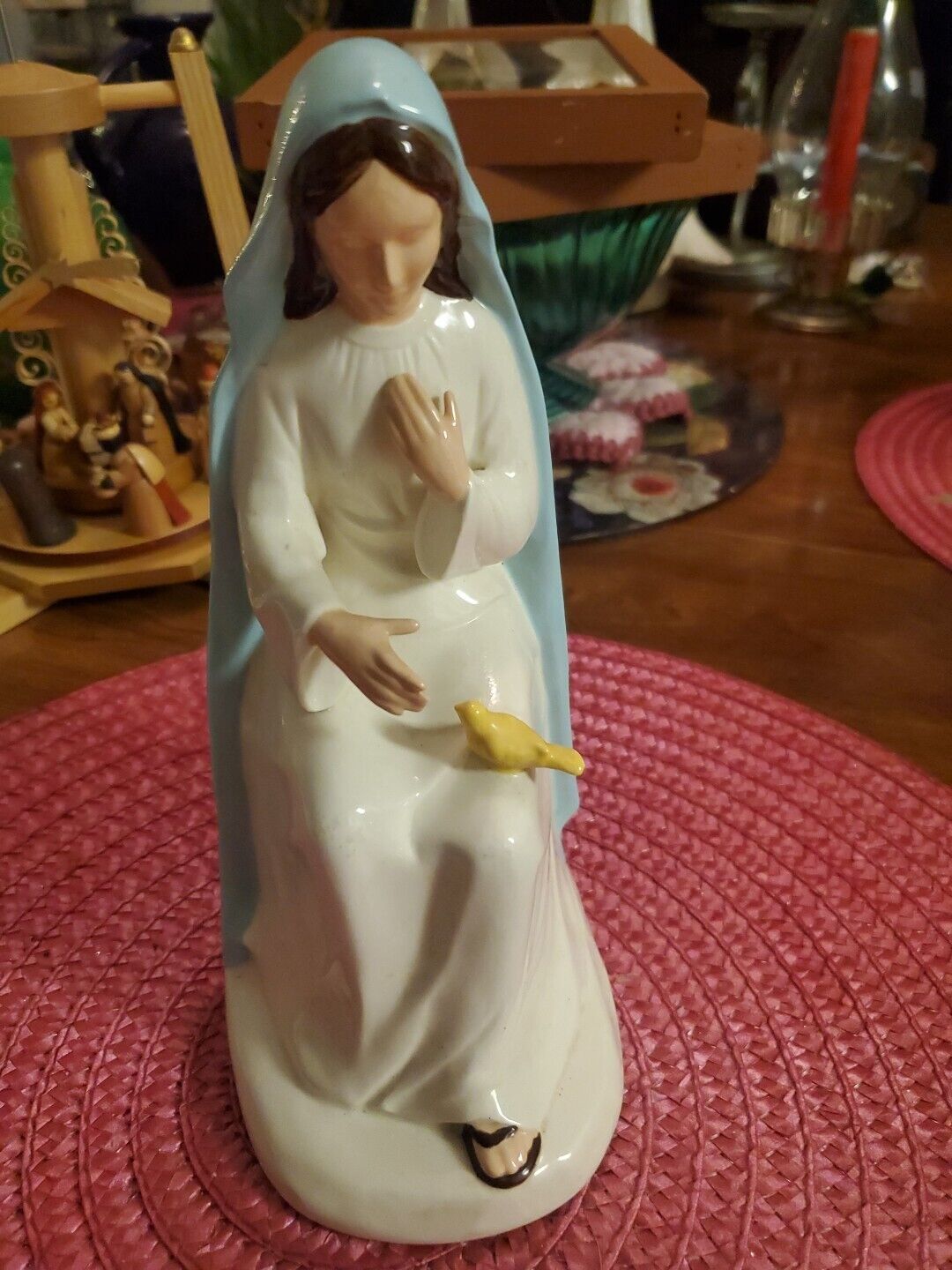VTG Madonna Ceramic Figurine Virgin Mary With Yellow Bird