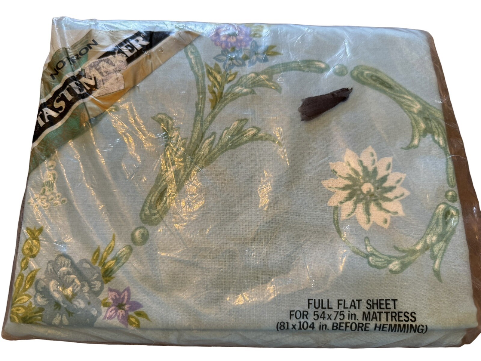 VTG 70s SHEET Floral full flat NEW Tastemaker SHERATON Blue No Iron Poly Cotton