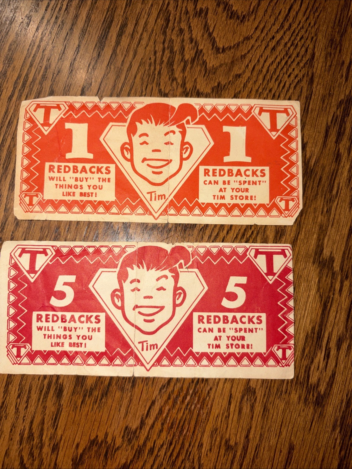 Lot of 2 TIM\'S STORE REDBACKS, 1 and 5, 1950s Lot of 2 TIM\'S STORE REDBACKS, 1 and 5, 1950s