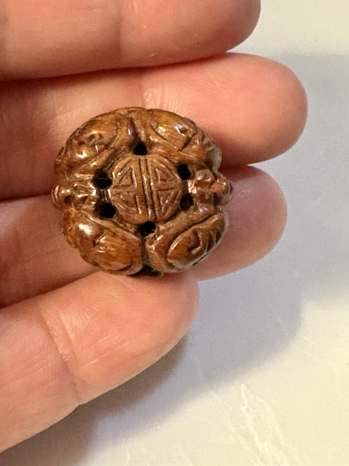 Vintage Carved Chinese Bead Brown Serpentine Jade Shou Bats Design Round Coin
