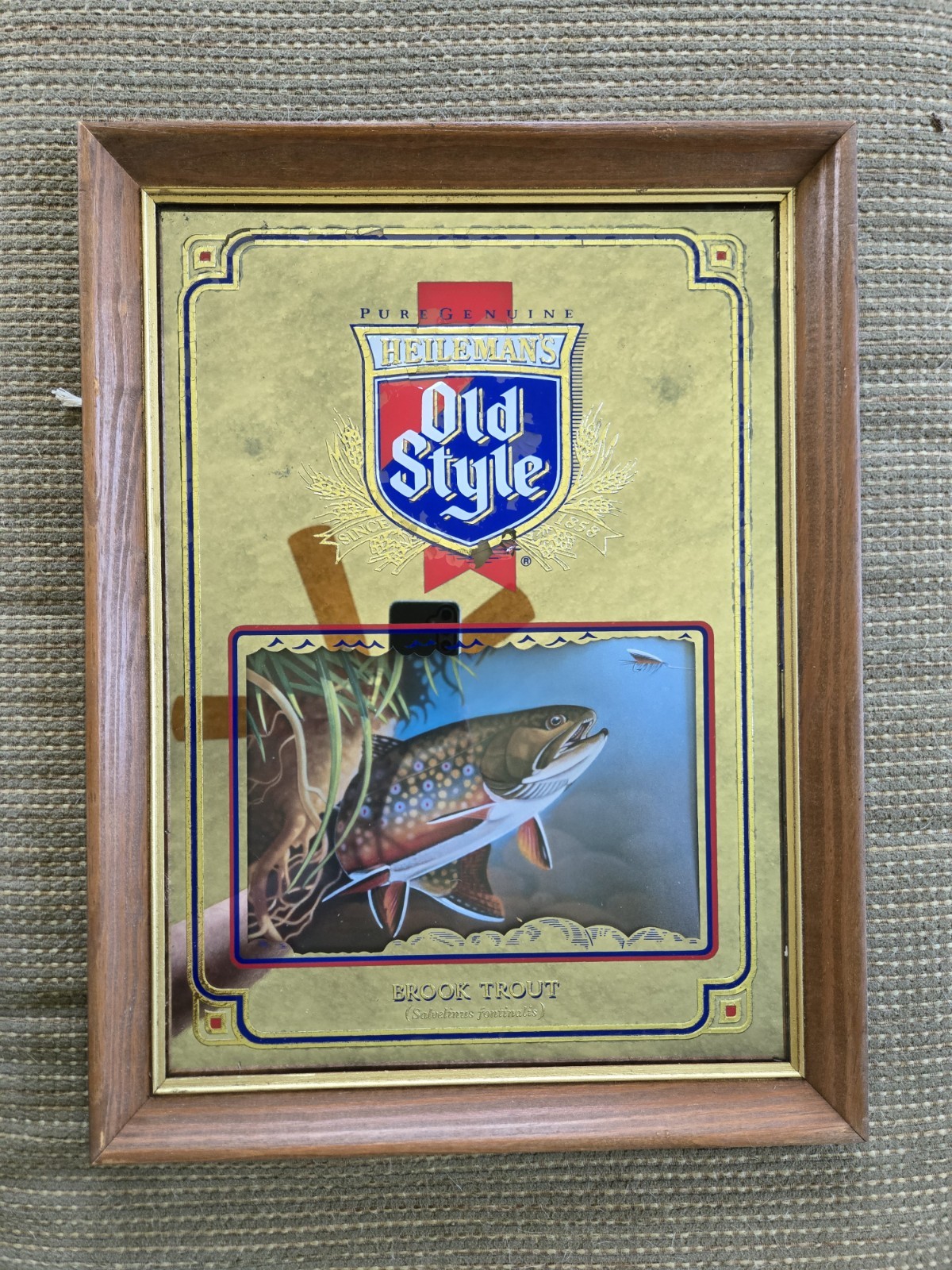 Vintage Heilemans Old Style Brook Trout Wildlife Beer Mirror Sign 1992 USA Bar