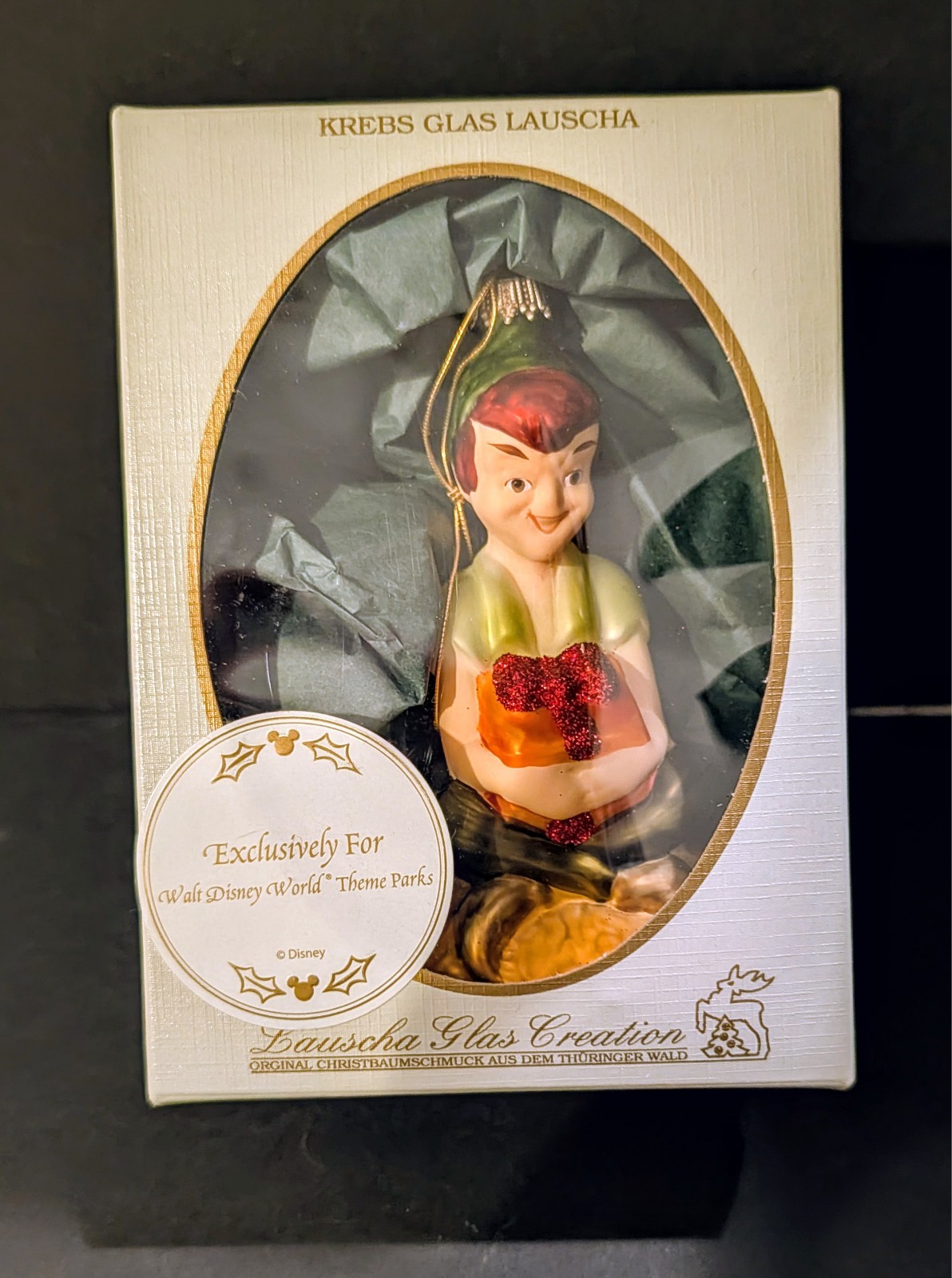 Free Shipping-Krebs Glas Lauscha Peter Pan Glass Ornament Disney World. RARE NIB