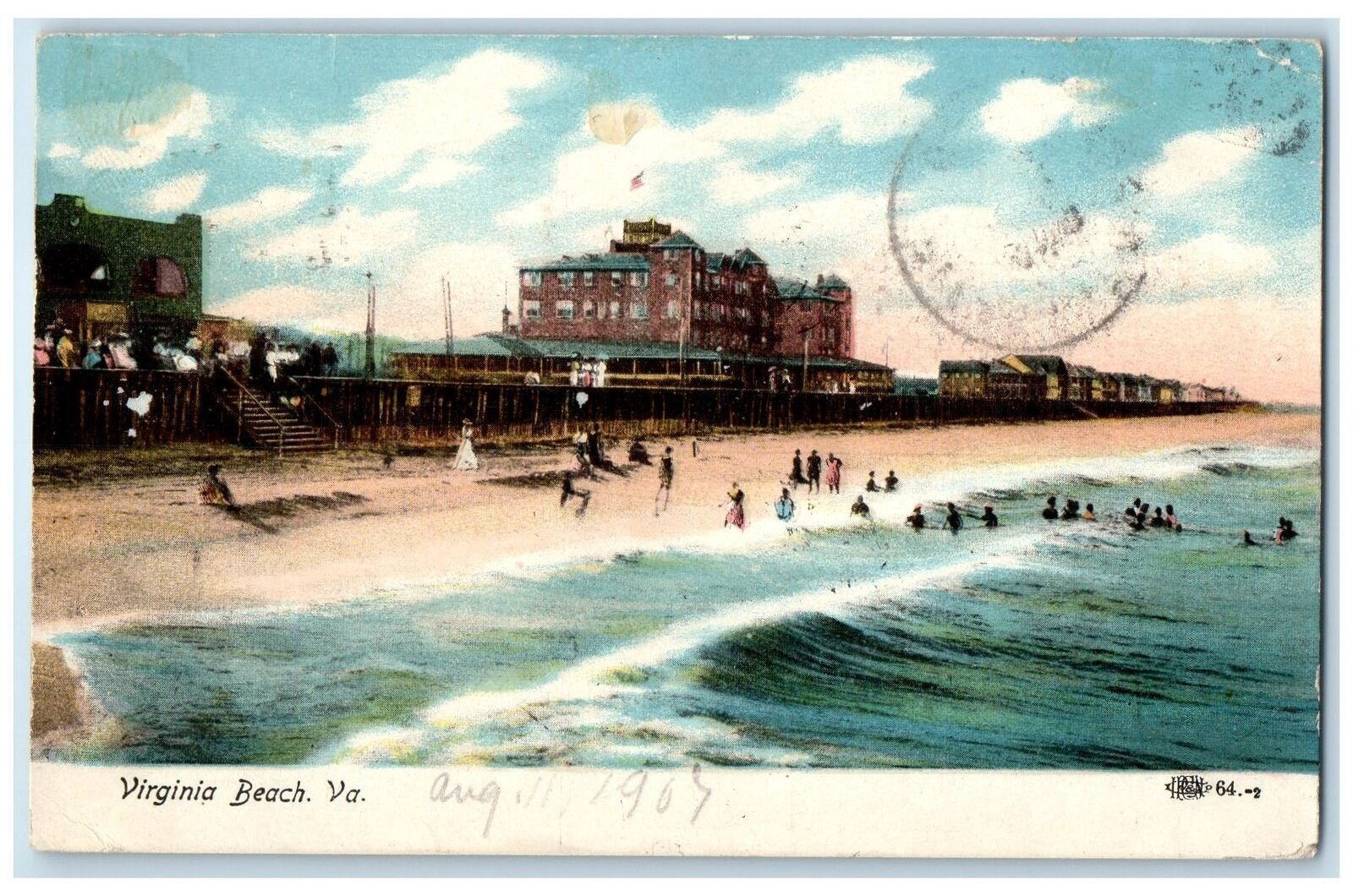 1907 People Bathing Scene Waves Virginia Beach Virginia VA Posted Hotel Postcard