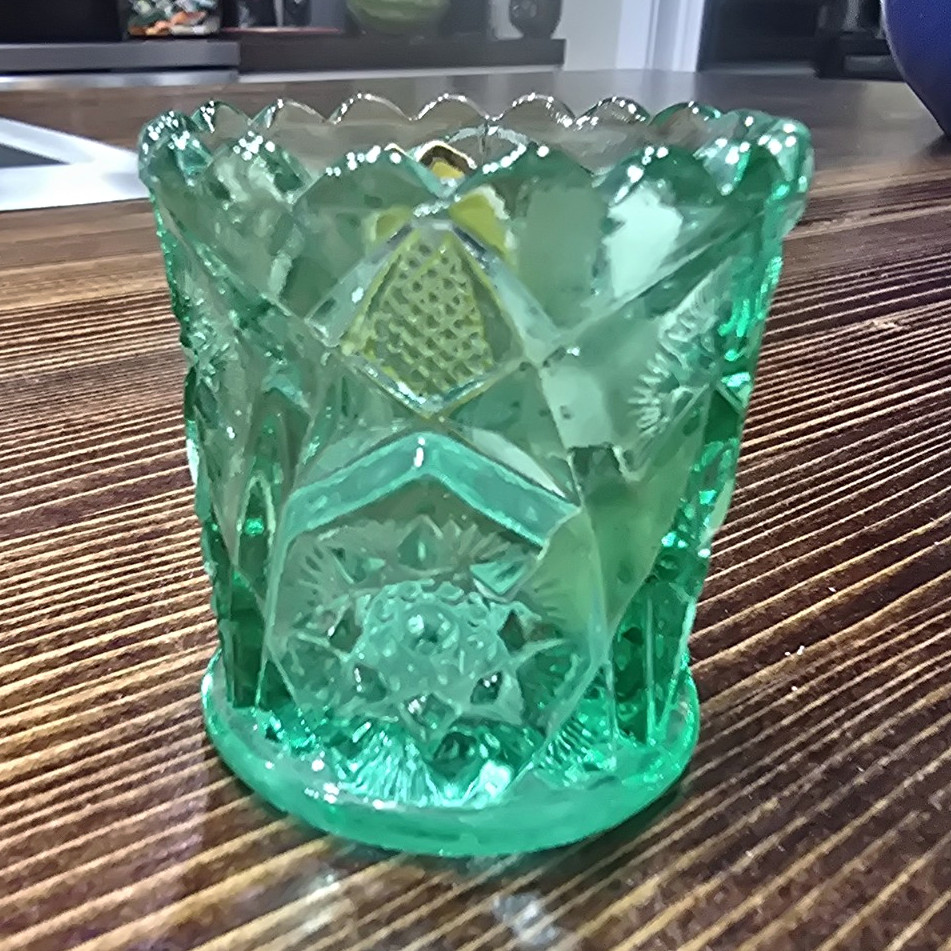 Vintage Kemple Sea Green Pressed Glass Toothpick Holder Round Scalloped Rim Vintage Kemple Sea Green Pressed Glass Toothpick Holder Round Scalloped Rim