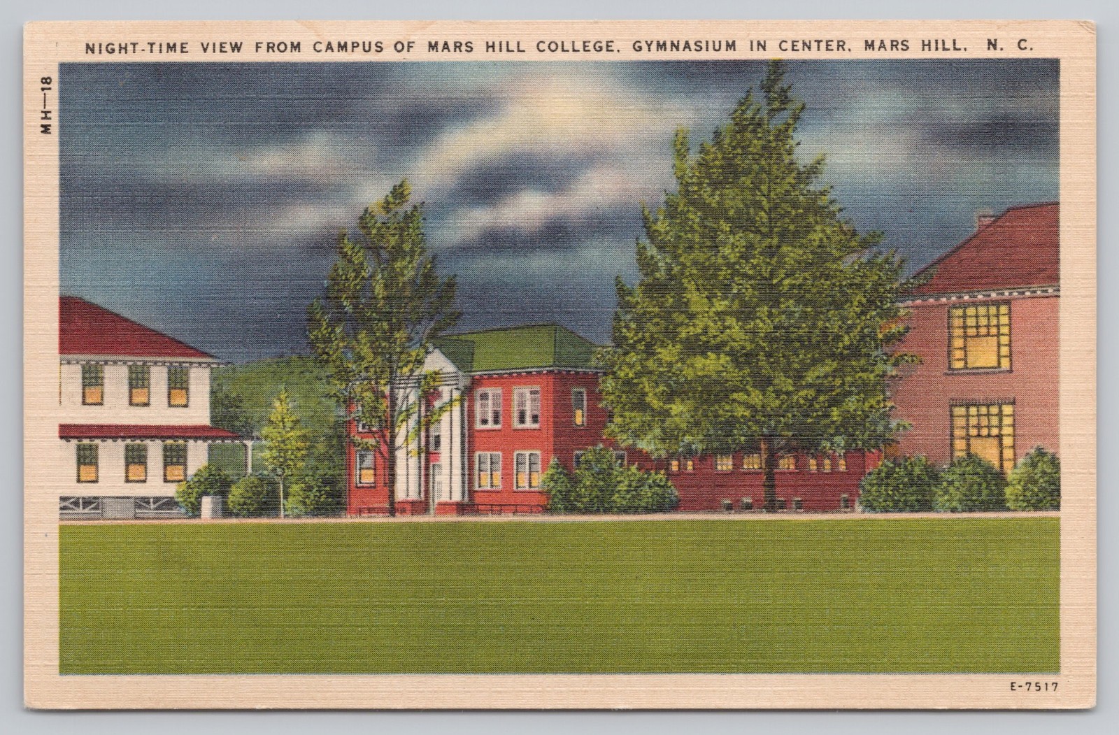 c.1930s Mars Hill, NC College Campus Night View Gymnasium Vintage Postcard A2