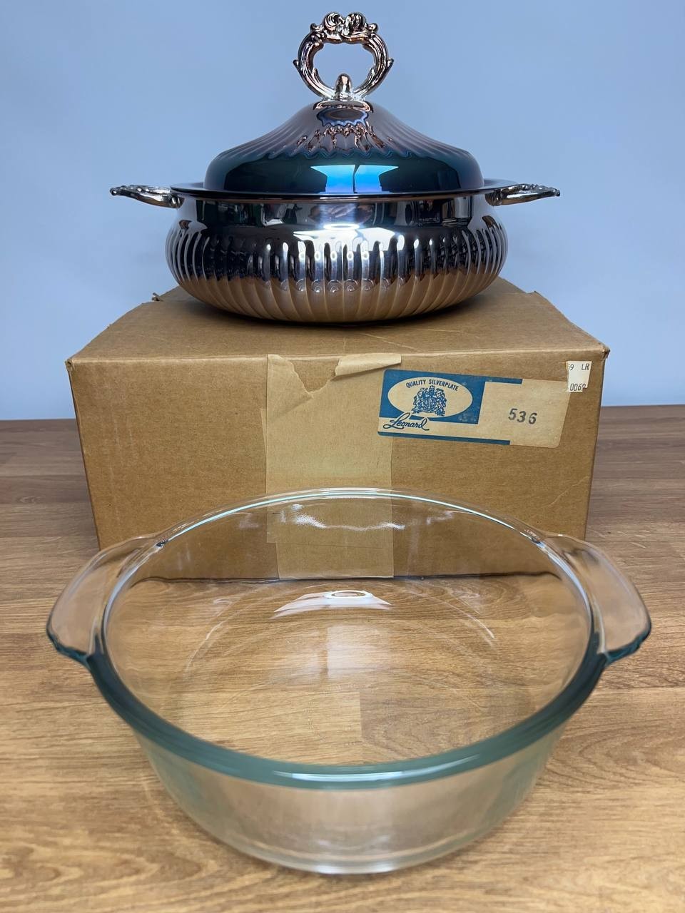 Vintage Leonard Silverplate 536 Casserole Dish with Lid Pyrex Liner Original Box