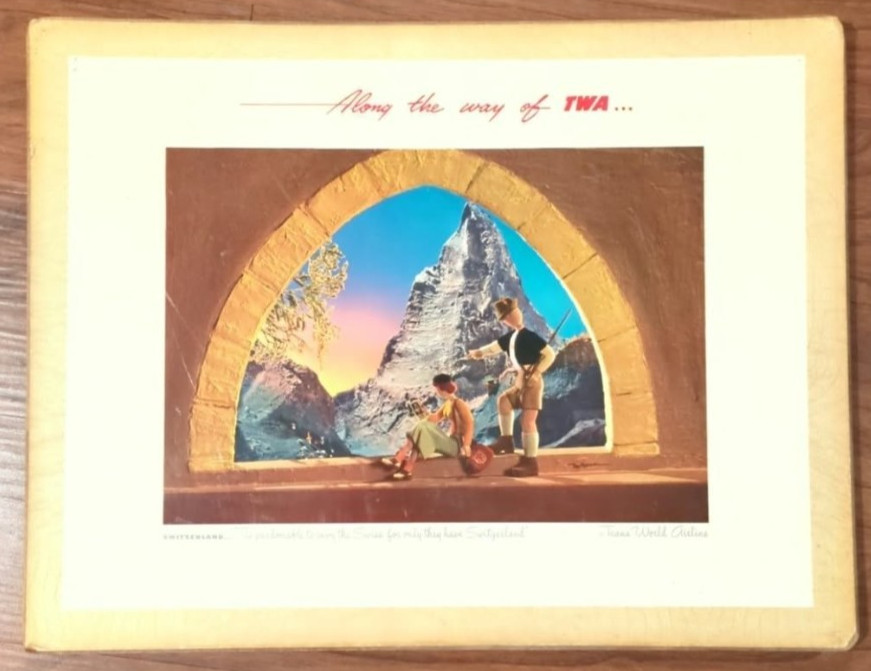 1950s TWA Trans World Airlines Switzerland Hard Board Window Ad Poster 22 1950s TWA Trans World Airlines Switzerland Hard Board Window Ad Poster 22