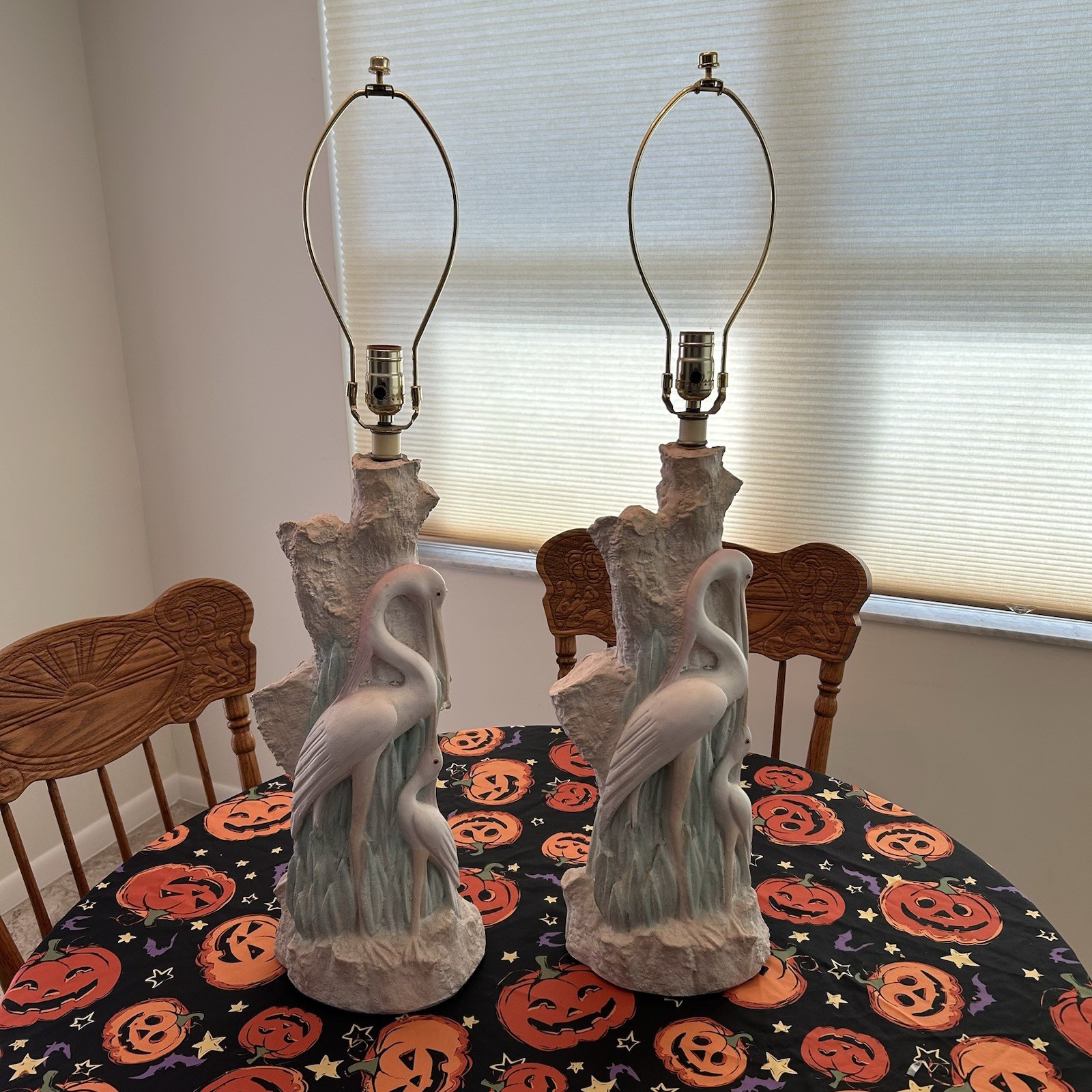 Vintage Faux Bois Plaster Egret Heron Lamps Hollywood Regency Mid Century Pair