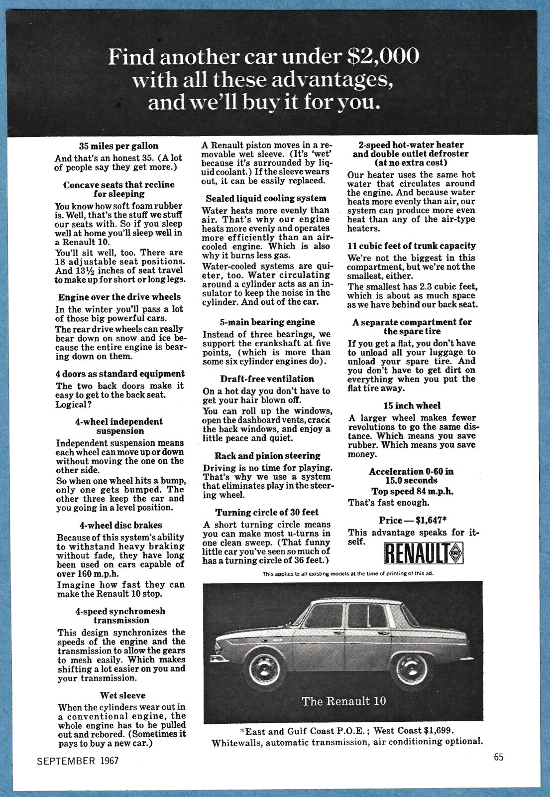 1967 AD for the RENAULT 10 Automobile ~ Under $2,000 ~ Plus 3 Free Bonus Ads