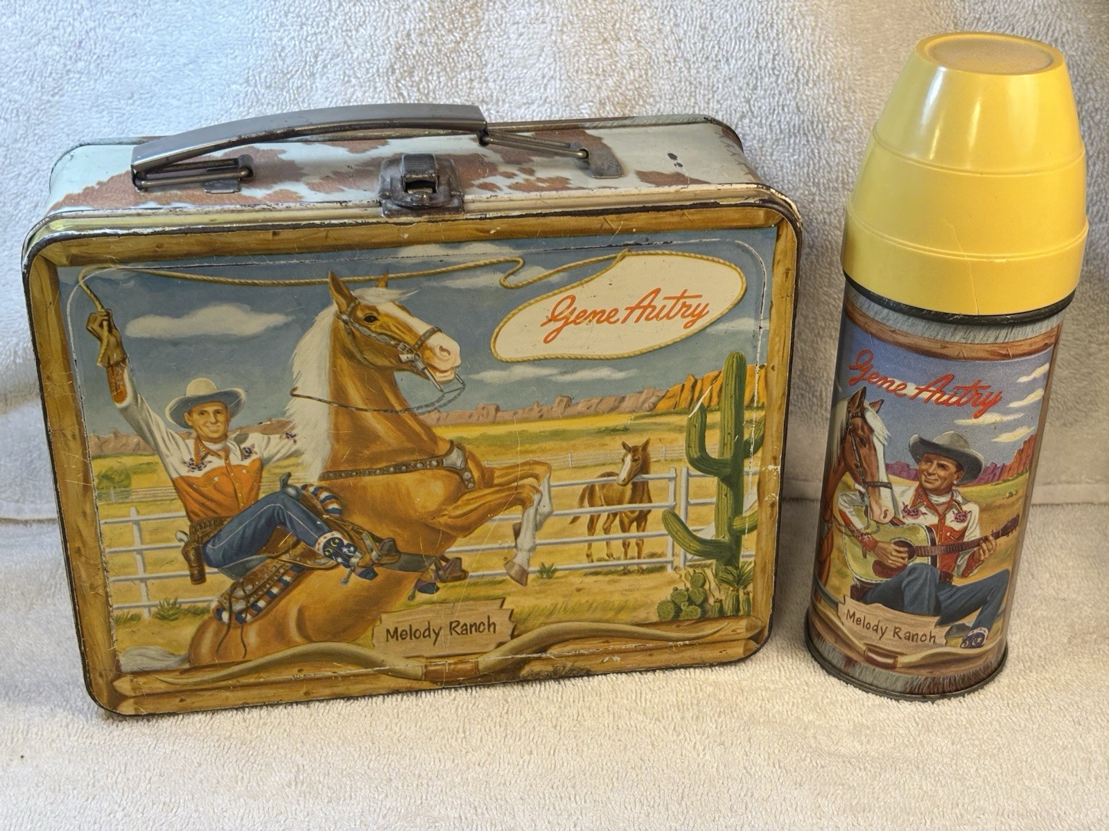 Vintage 1954 Gene Autry Melody Ranch Metal Lunchbox W/Thermos Rare Yellow Lid