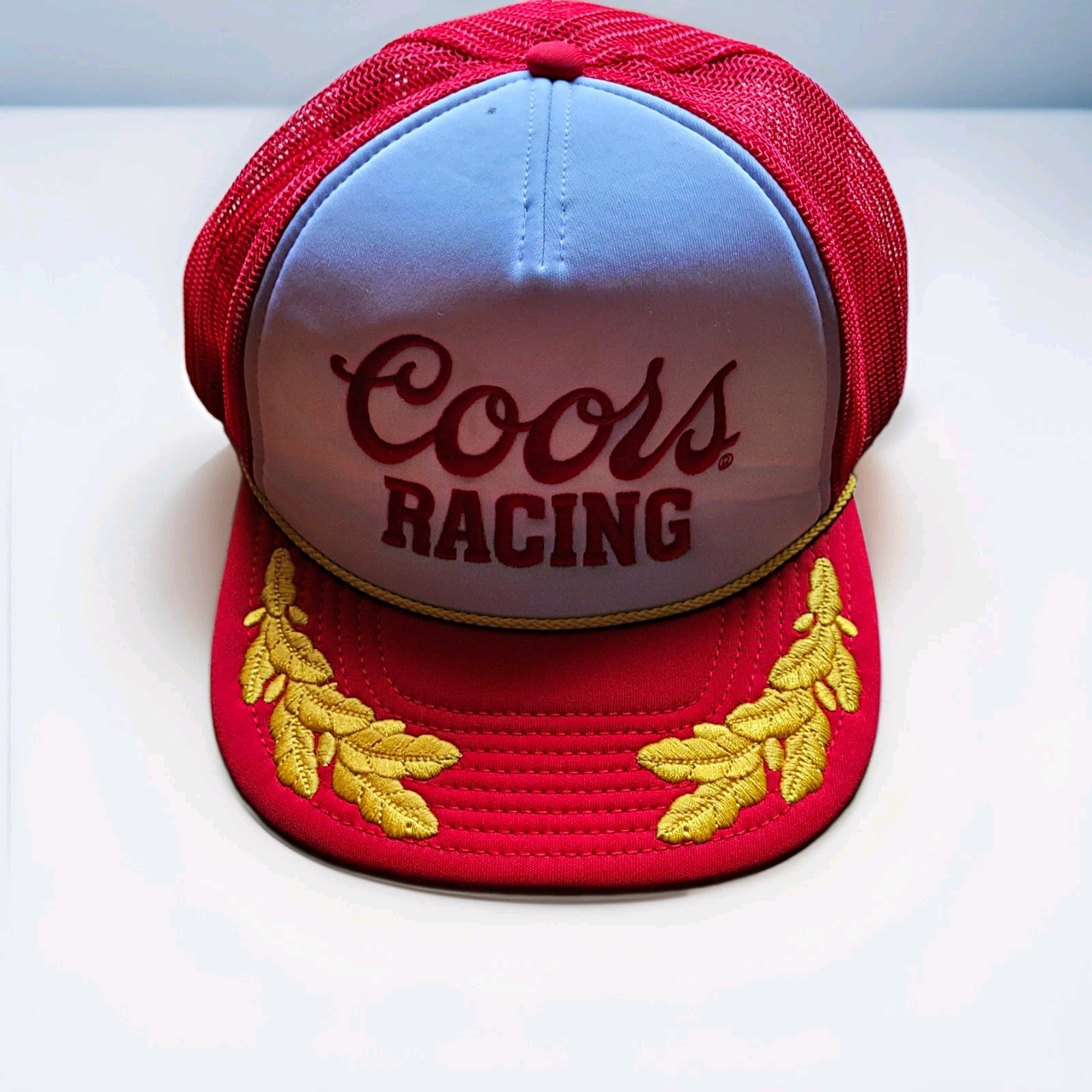 Coors Racing Vintage Mesh Trucker Snapback Hat, Gold Leaf Embroidered Brim