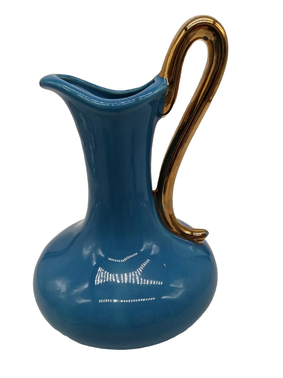Vintage MCM Pottery Ewer Pitcher Turquoise Blue Ornate Gold Handle Vase 7.5\