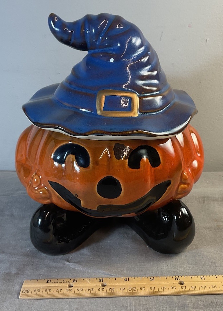 Vintage Pottery Large Halloween Witch Pumpkin Cookie Jar/ Candy Jar 
