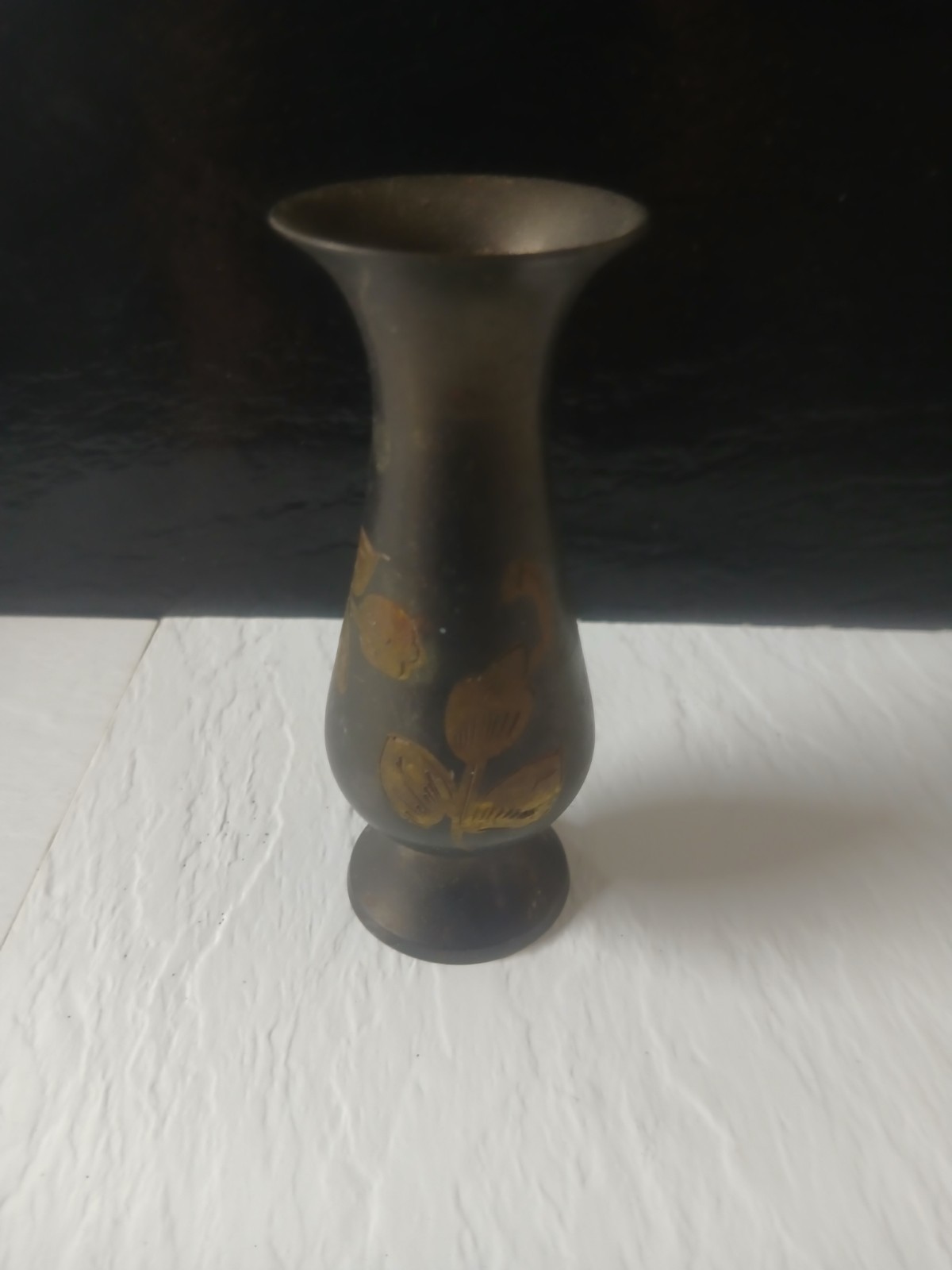 Vintage Bronze Metal Small Vase Carved Blooming Flower 3.75” Art Decor X