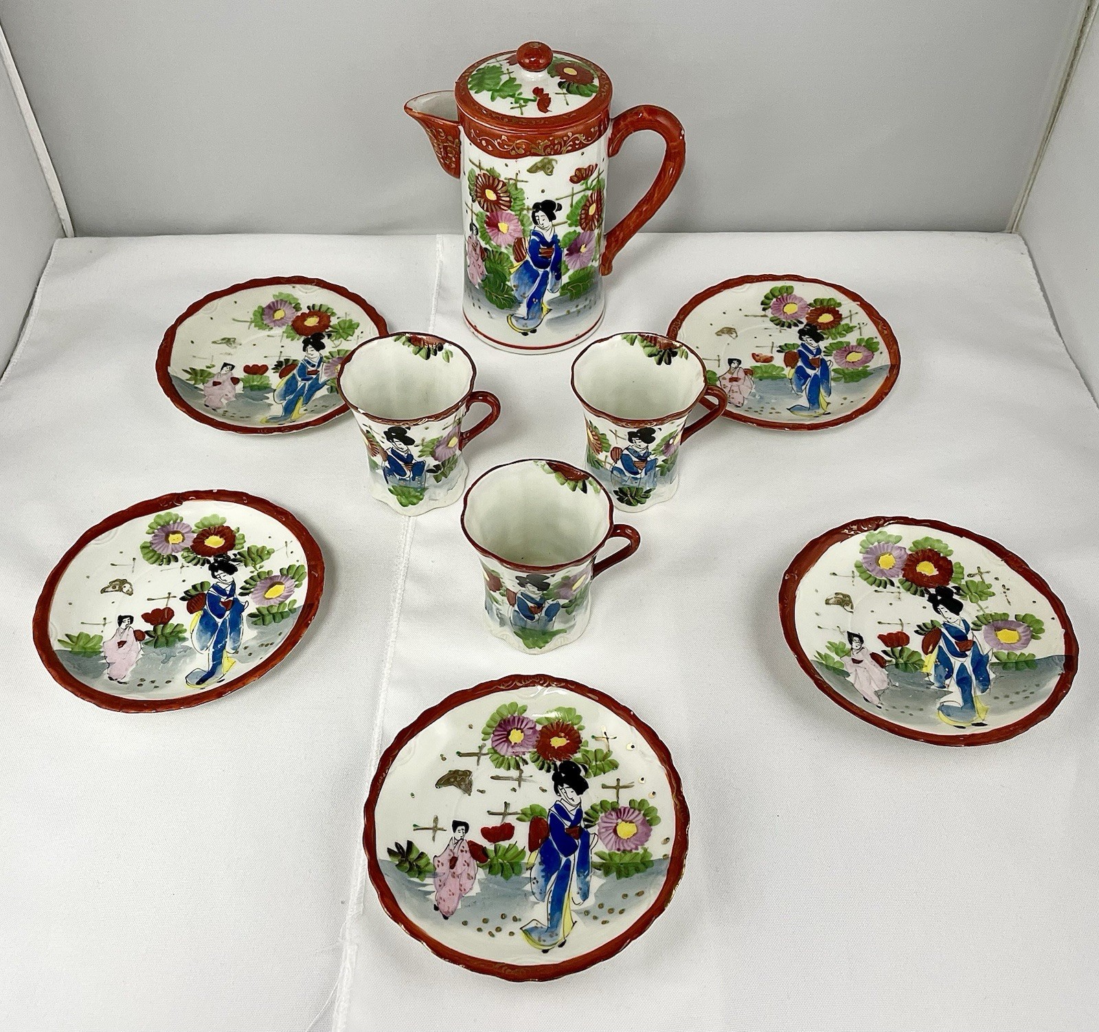 Vintage Japanese Kutani Hand Painted Eggshell Porcelain Partial Tea Set