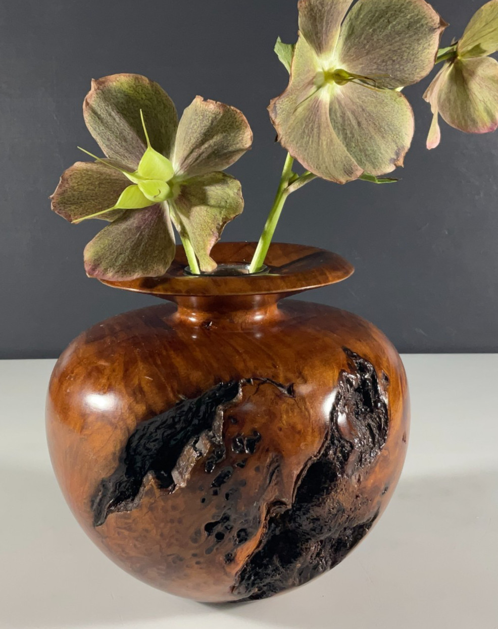 California Redwood Muir Burl Wood Art Bud Vase Glass Insert Vintage