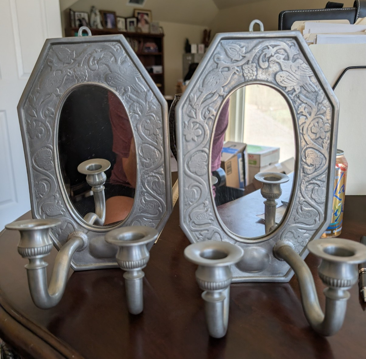 Vintage Pair West Germany Pewter Mirrored Wall Sconces Candle Holder Deco Style