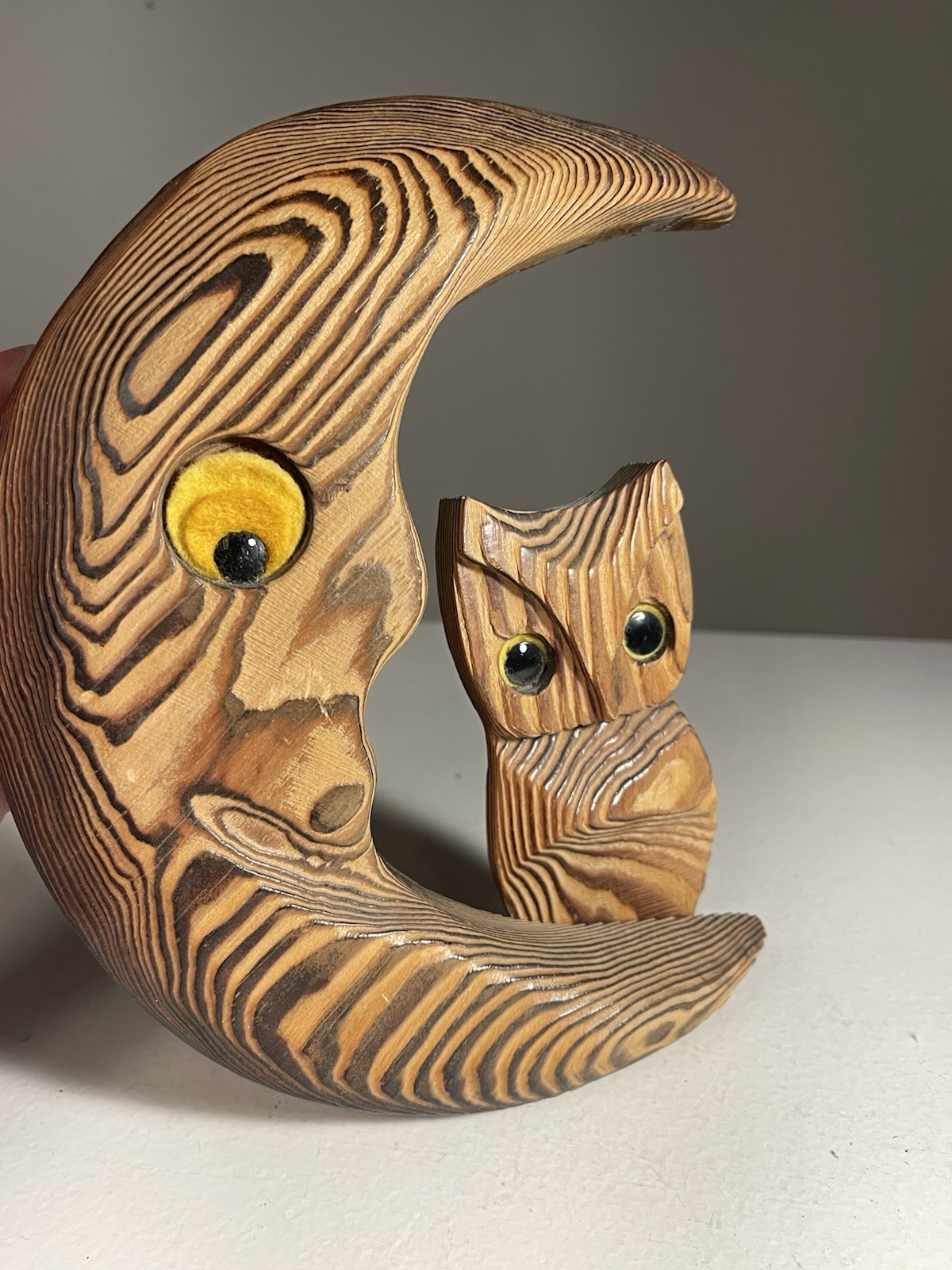 Vintage 70s Carved Wood Owl Crescent Moon Wall Hanging MCM Brutalist Witco Style