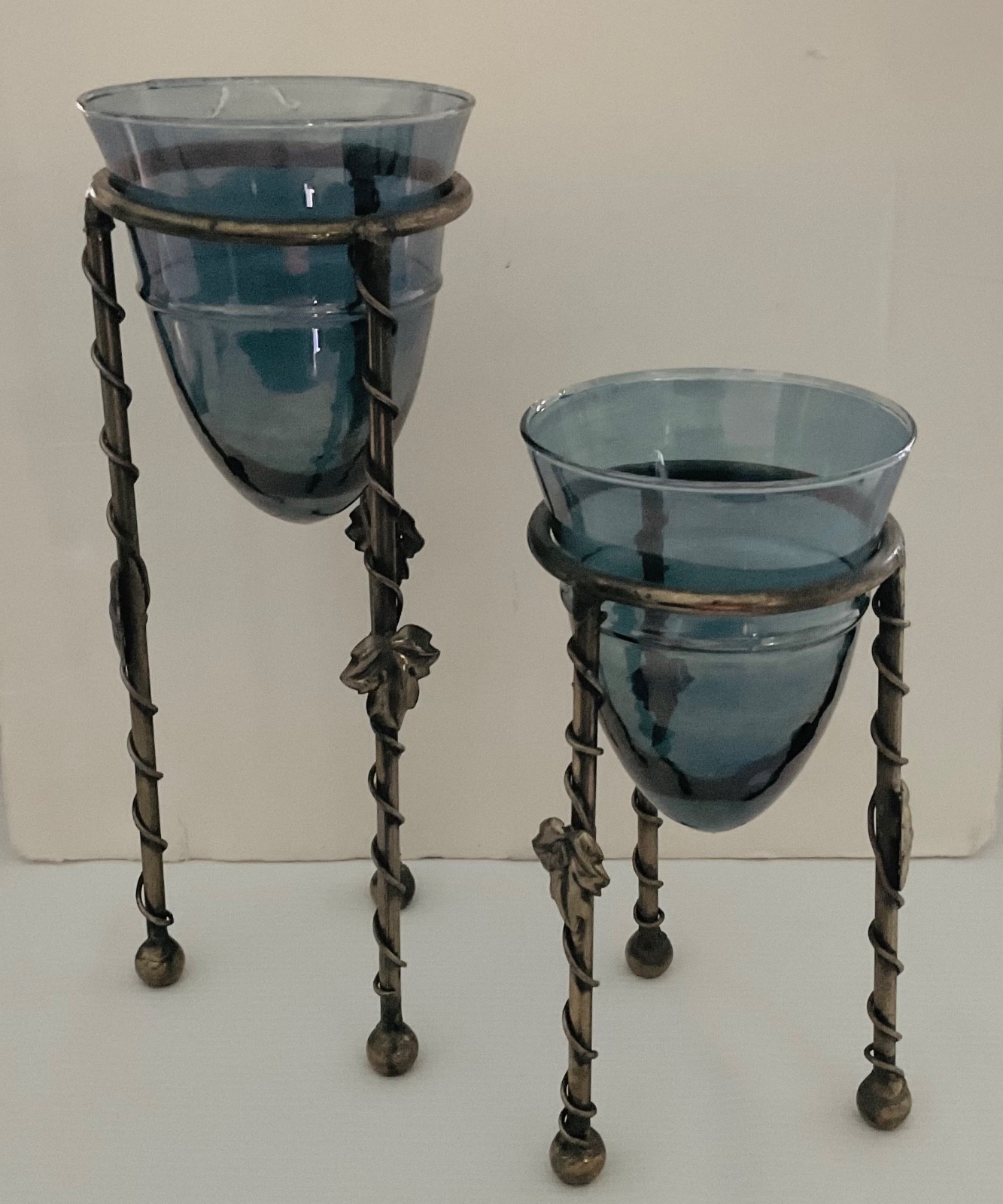 Vintage Pair Twisted Brass Stands w/Leaf Accents & Blue Glass Votive Holders