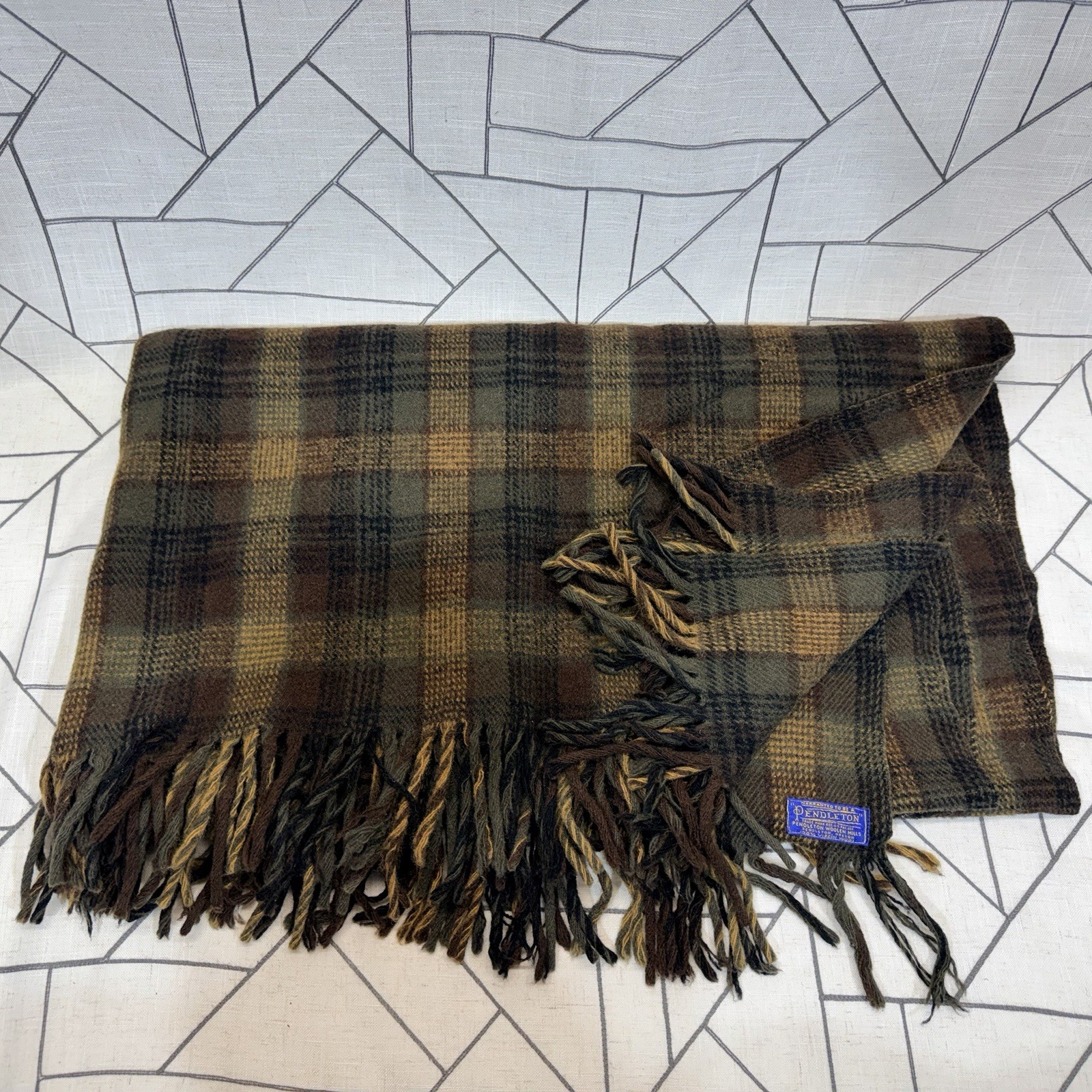 VTG 60s Pendleton Wool Blanket Throw Green Black Plaid Tartan Check Fringe READ VTG 60s Pendleton Wool Blanket Throw Green Black Plaid Tartan Check Fringe READ