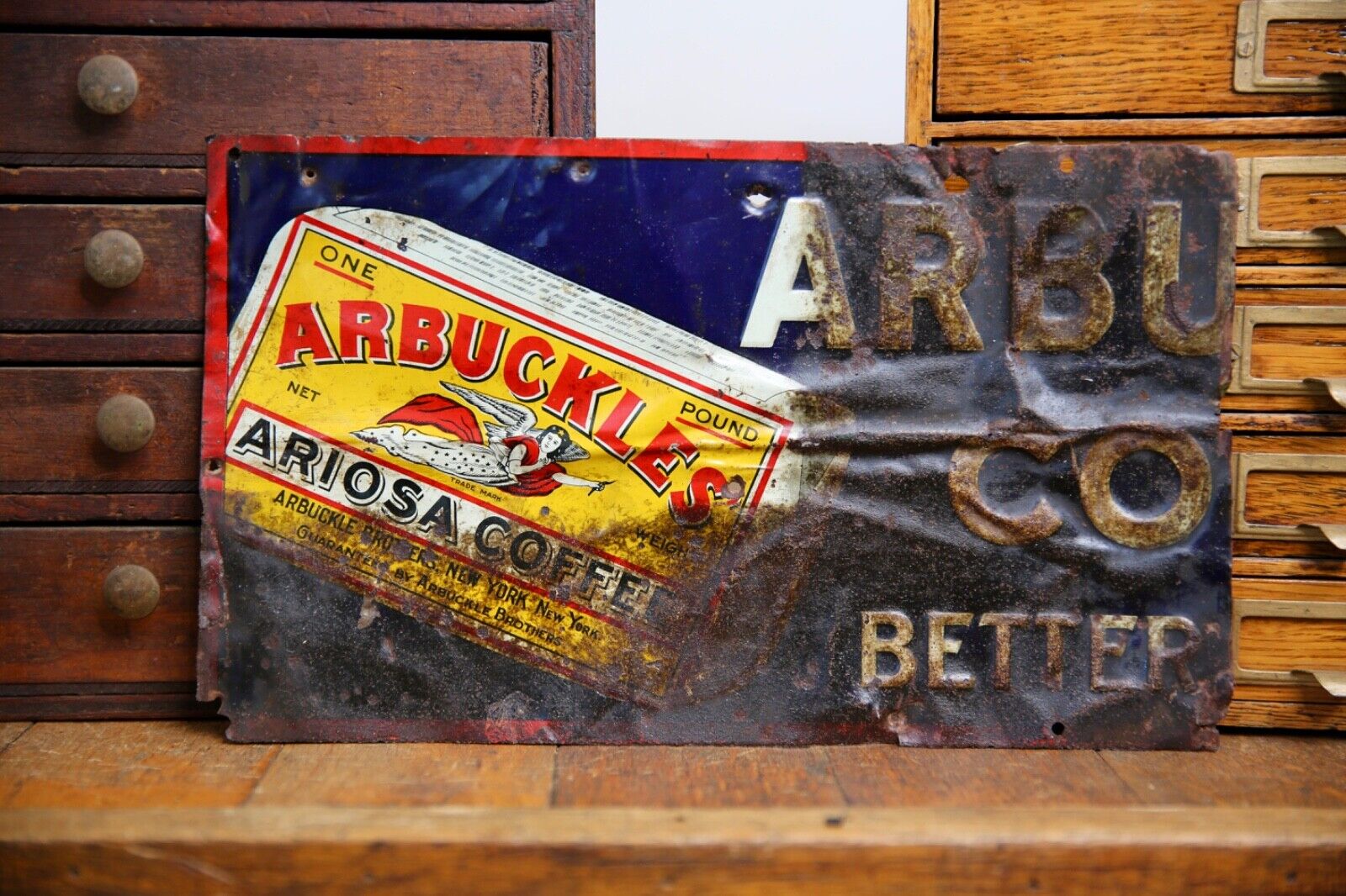 Vintage Arbuckles Coffee Tin metal Advertising Sign Original Antique old AS IS