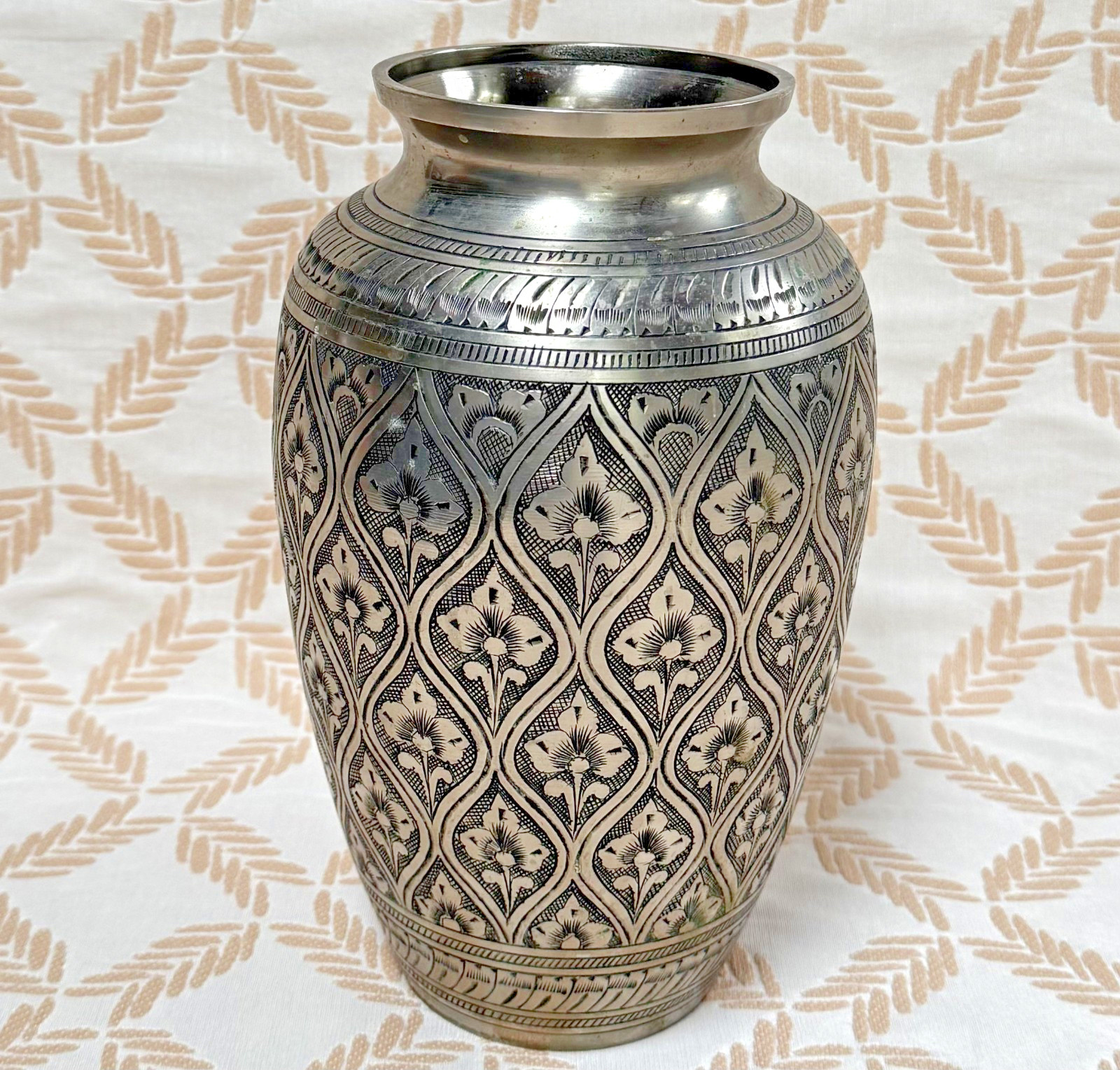 Vintage Etched Silver Over Copper Vase 10\