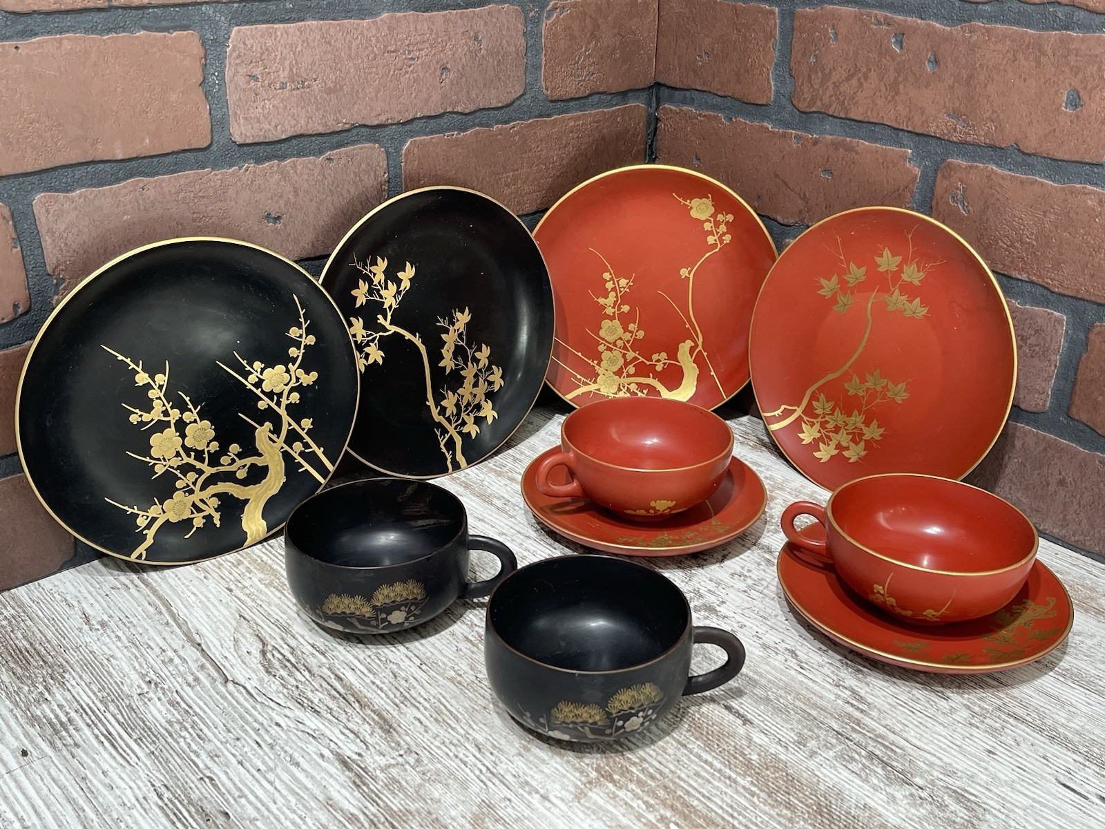 Japanese Lacquerware Appetizer Plates Saucers Cups—Lot Of 10—Red Black Vintage