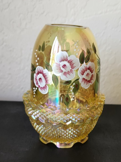 Fenton Hand Painted Iridescent Yellow Satin Glass Fairy Lamp Signed T. Watson Fenton Hand Painted Iridescent Yellow Satin Glass Fairy Lamp Signed T. Watson