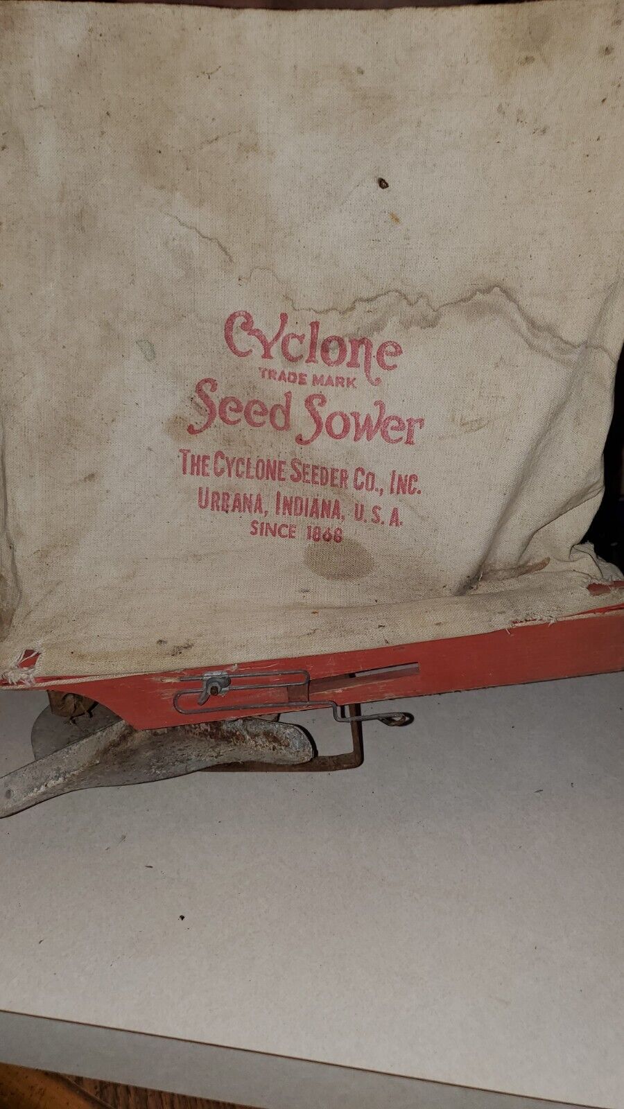 Antique Vintage Cyclone Seeder Sower Red Hand Crank Seed Spreader Rustic Farm