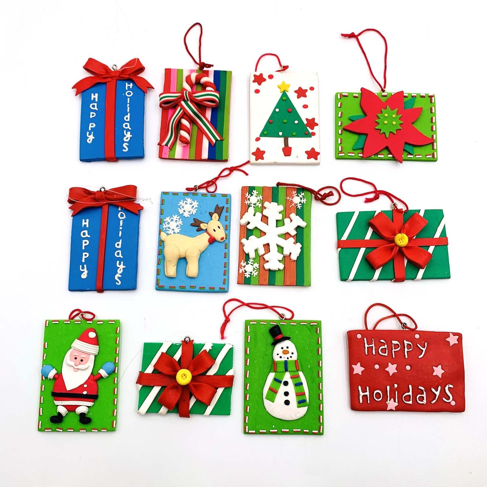 Vintage Polymer Clay Christmas Ornaments Santa Snowman Reindeer Tree Lot Of 12