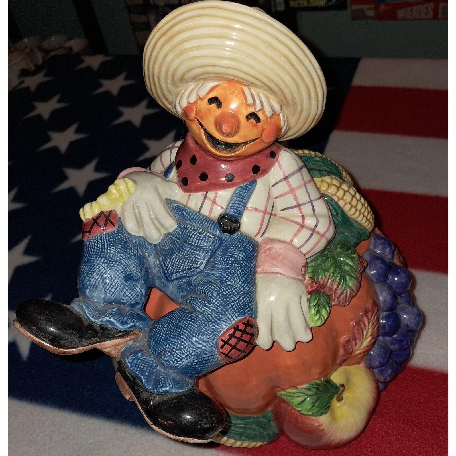 Vintage Fitz and Floyd Ceramic Pumpkin Scarecrow Cookie Jar