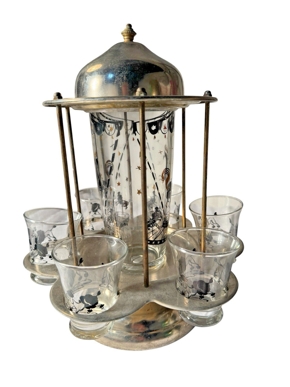 1950\'s Hazel Atlas MCM Carousel Revolving Cocktail Bar Set Chrome Poodles Horses