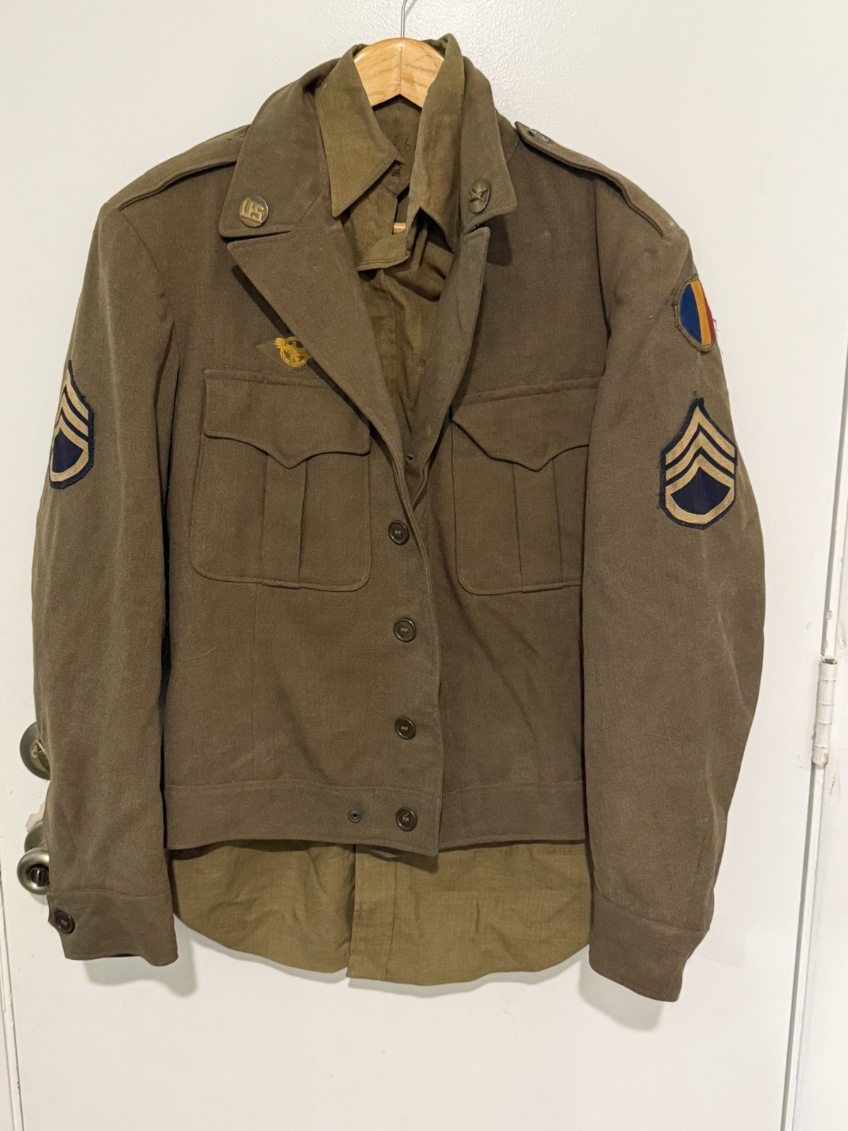 WWII US Army Ike Jacket 40L & Matching Patched Mustard Shirt Lot Named L-6176