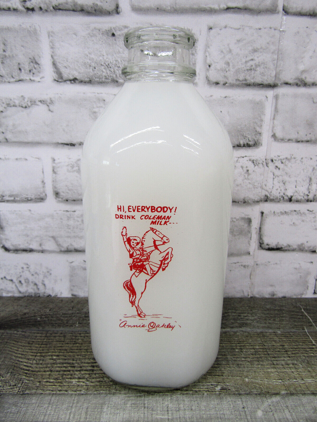Vtg Glass Milk Bottle Annie Oakley Coleman Milk 1/2 Gallon 1950s
