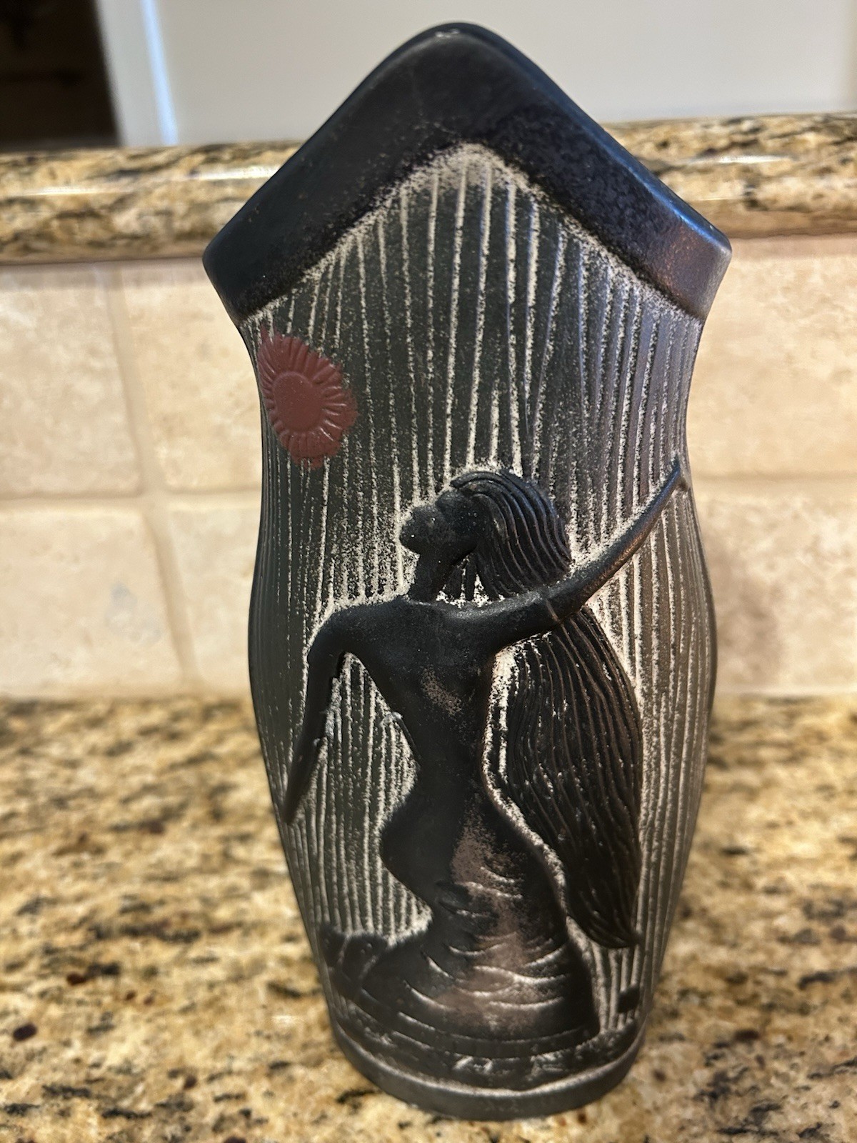 Vtg Black Figural Vase Dancing Woman Raised relief Textured Stripe Ceramic 10”
