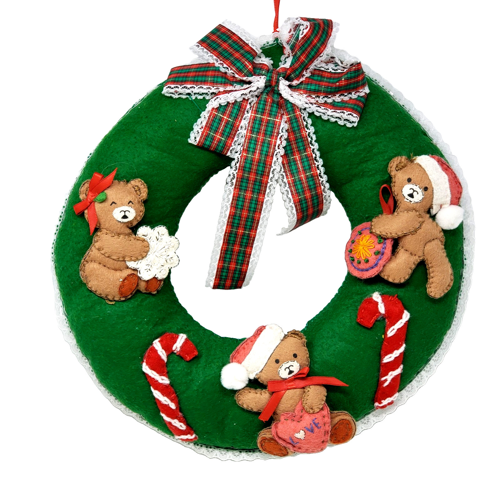 Vintage Handmade Felt Wreath Christmas Teddy Bears Candy Canes Grannycore 11\ Vintage Handmade Felt Wreath Christmas Teddy Bears Candy Canes Grannycore 11\