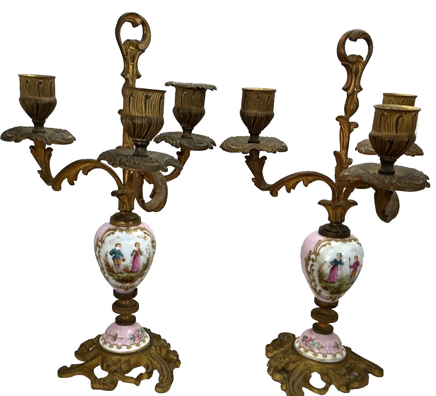 Antique Pair 19th C French Sevres Style Pink Porcelain Ormolu Candelabras 10.5\
