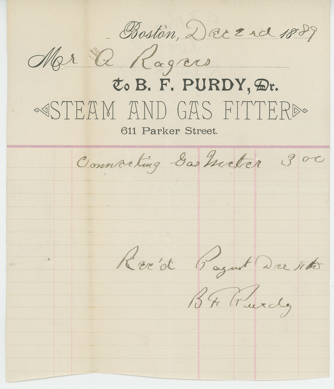 1889 B. F. Purdy Billhead Boston Massachusetts Steam & Gas Fitter Plumbing