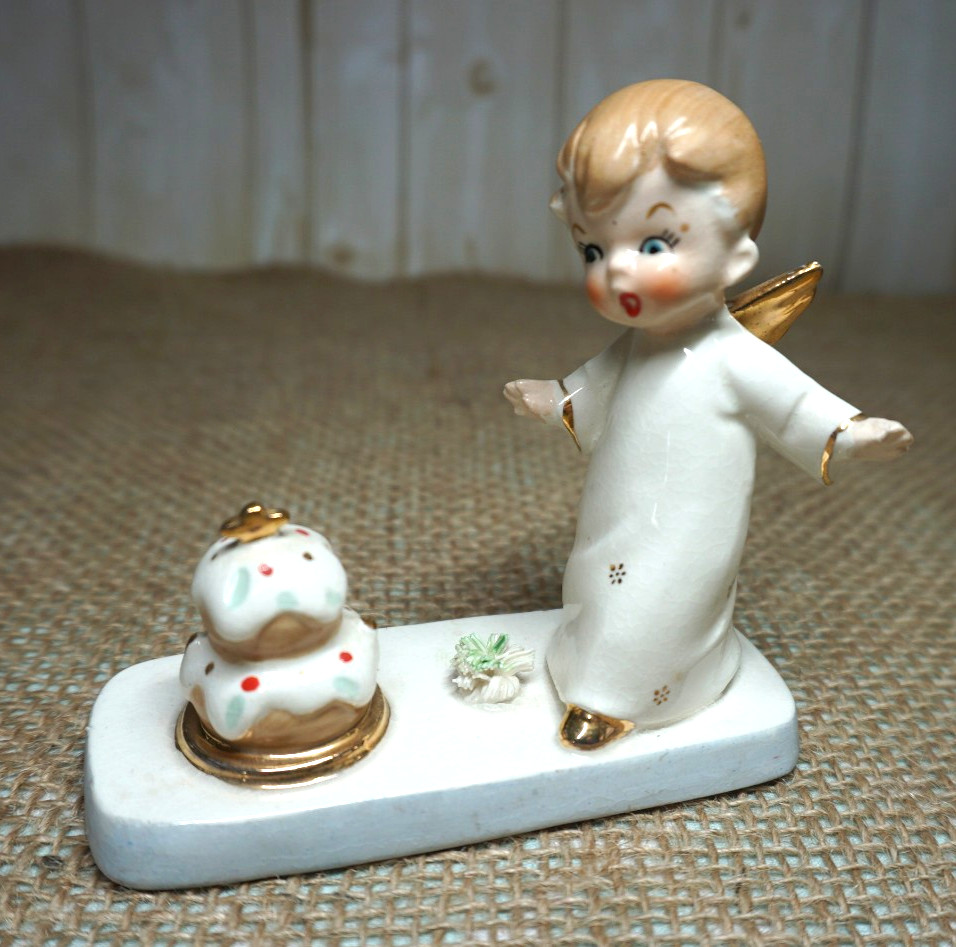 Vtg Napco Birthday Angel with cake gold star Japan