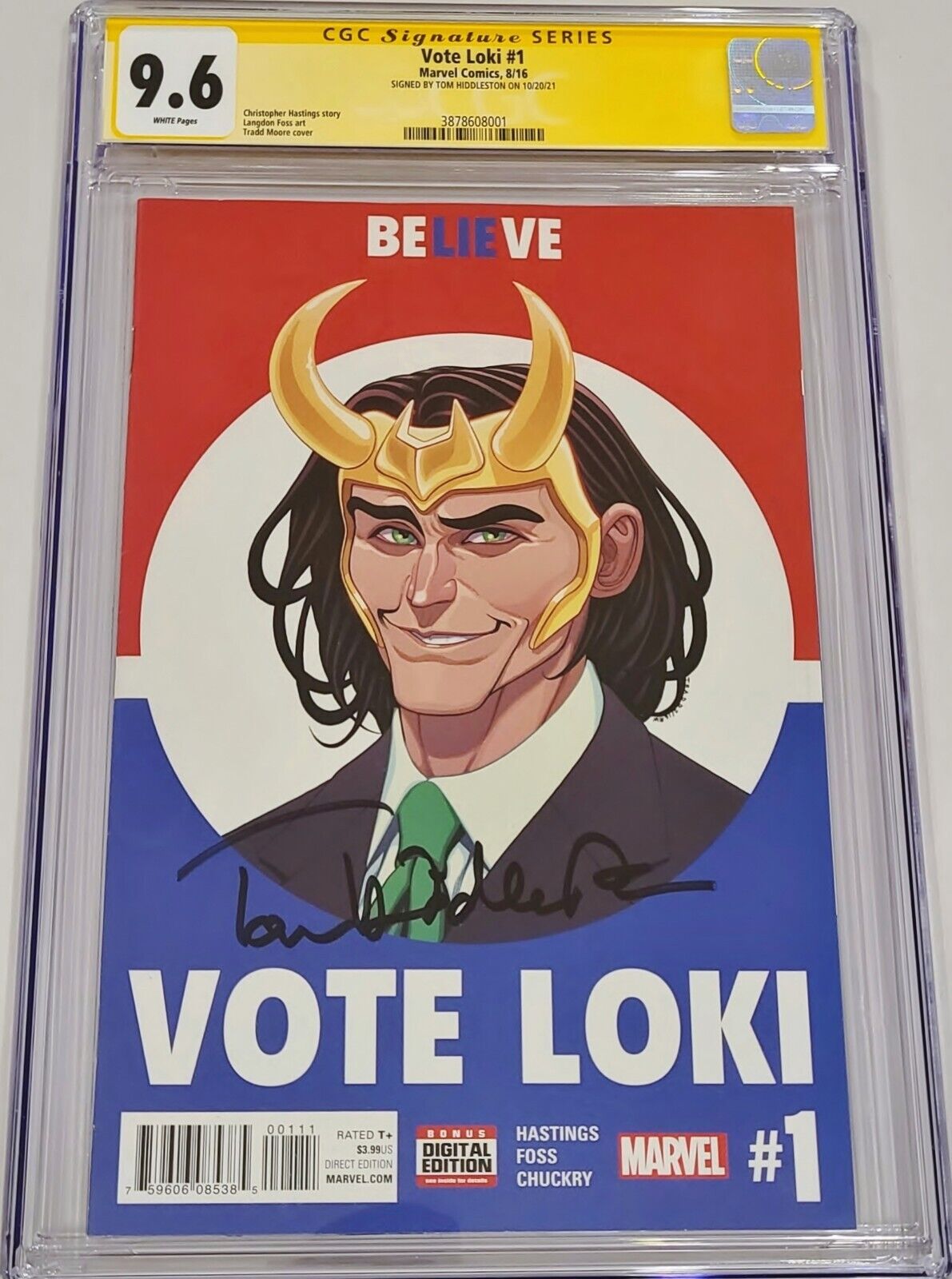 VOTE LOKI #1 (2016) CGC 9.6 SS Signed Tom Hiddleston(Loki Actor) AVENGERS