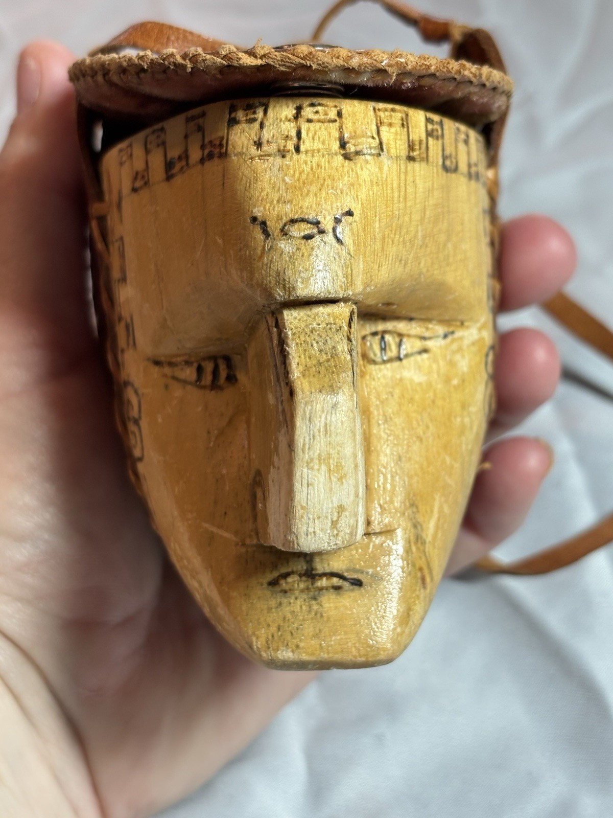 Vintage Souvenir Mexico Wood & Leather Mayan/Aztec Head Coin Purse- Estate Find