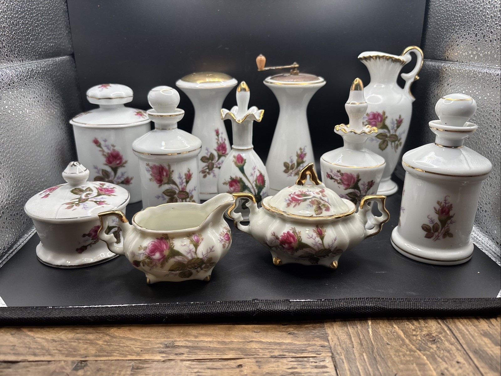 Vintage Moss Rose Porcelain Spice Condiment Set Japan Mid Century Gold Trim 11pc