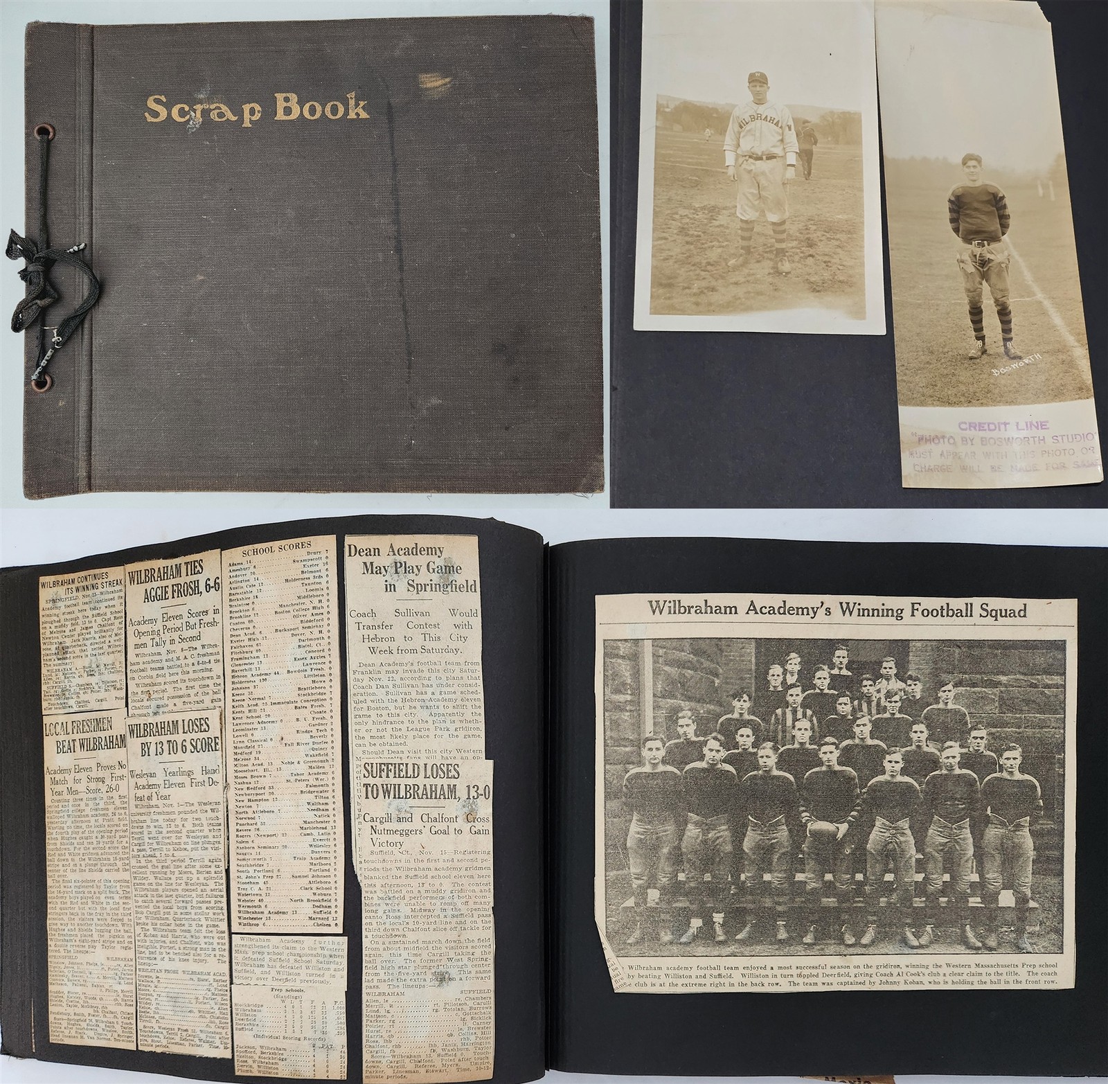 1930s antique WILBRAHAM ACADEMY ma THAYER HS SPORTS SCRAPBOOK with 2 PHOTOS
