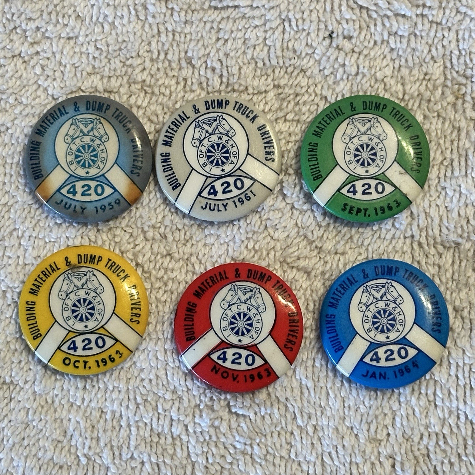 Vintage Teamsters Local 420 Union Dues Pins Lot 6pc 1959-1964 Dump Truck Drivers