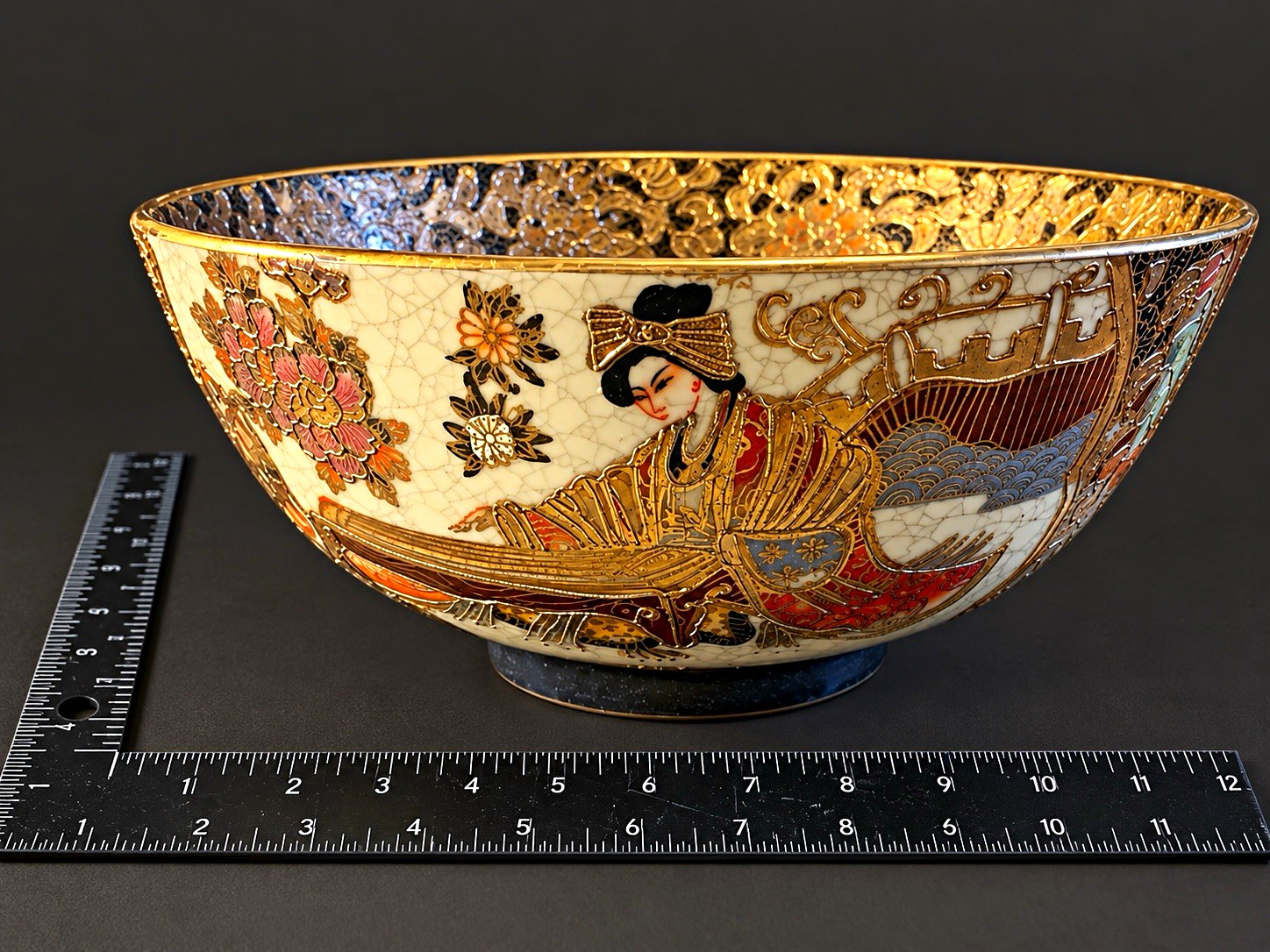 Large Japanese Satsuma Style Ceramic Bowl Geisha Figural Scene Floral Gilt, Mark Large Japanese Satsuma Style Ceramic Bowl Geisha Figural Scene Floral Gilt, Mark