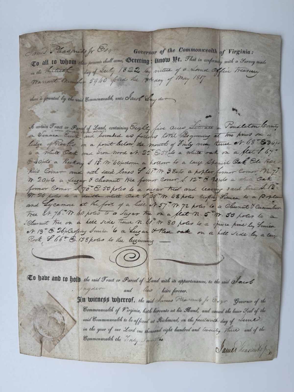 1823 Original Virginia Land Grant Governor Pleasants