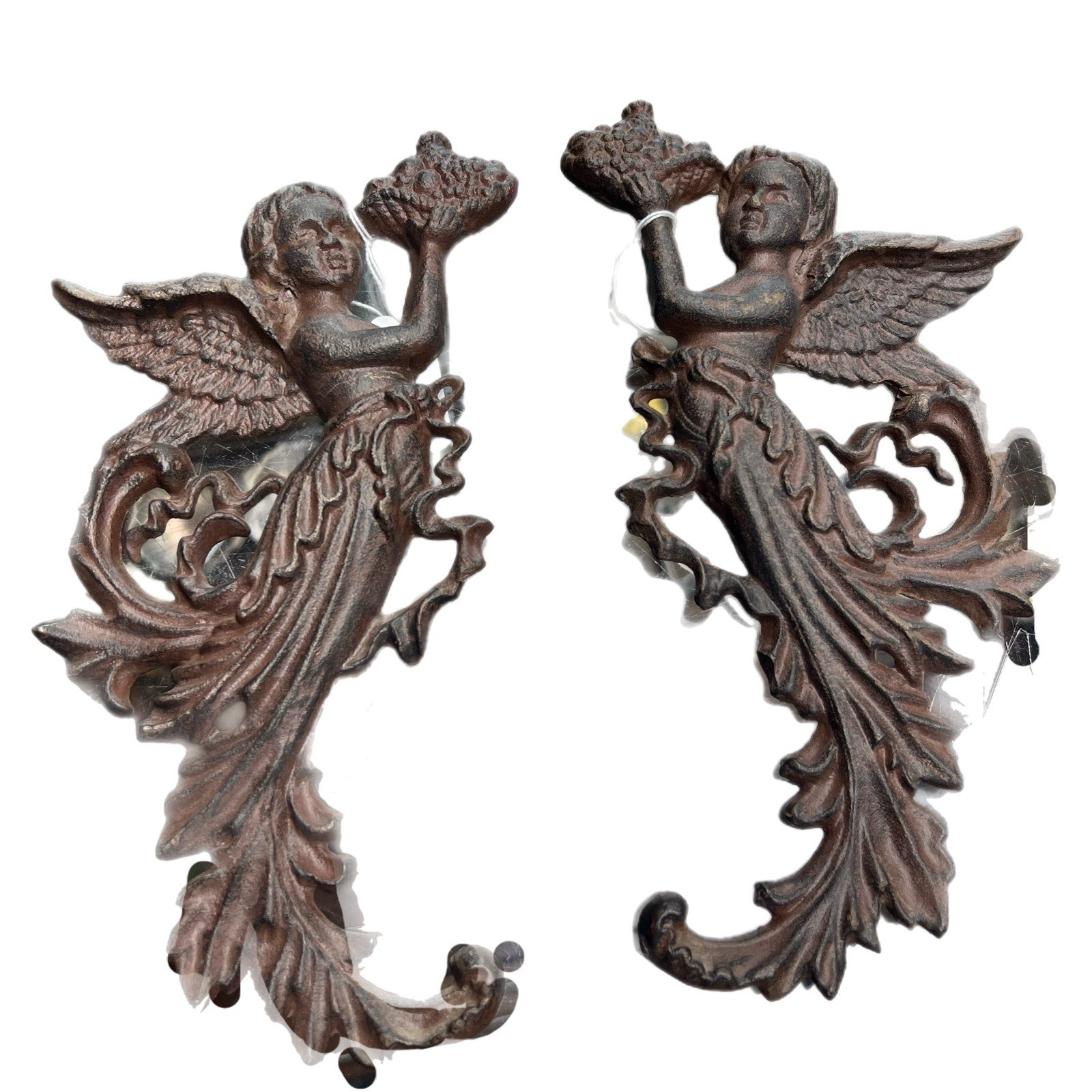Vintage Antique Pair of 2 Cast Iron Angel Wall Mount Hanging Baroque Decor 10\