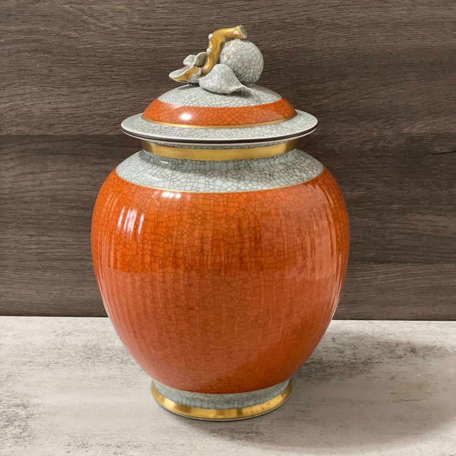 Vintage Royal Copenhagen 50s Orange Grey Craquele Crackle Vase Fruit Finial Lid